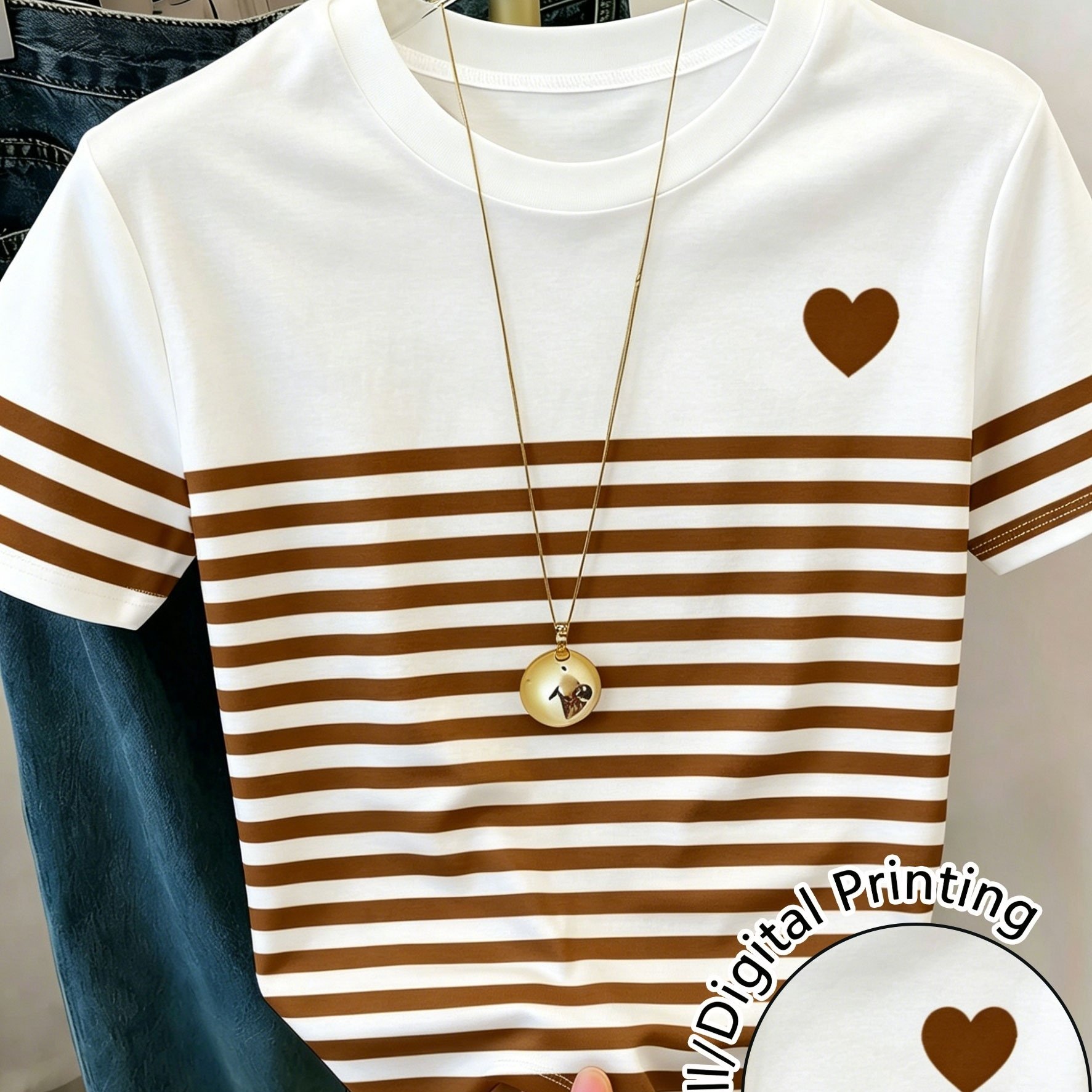 TEMU Brown And White Striped Puff Sleeve Heart Print Round Neck Short Sleeve T-shirt, Retro Casual Top