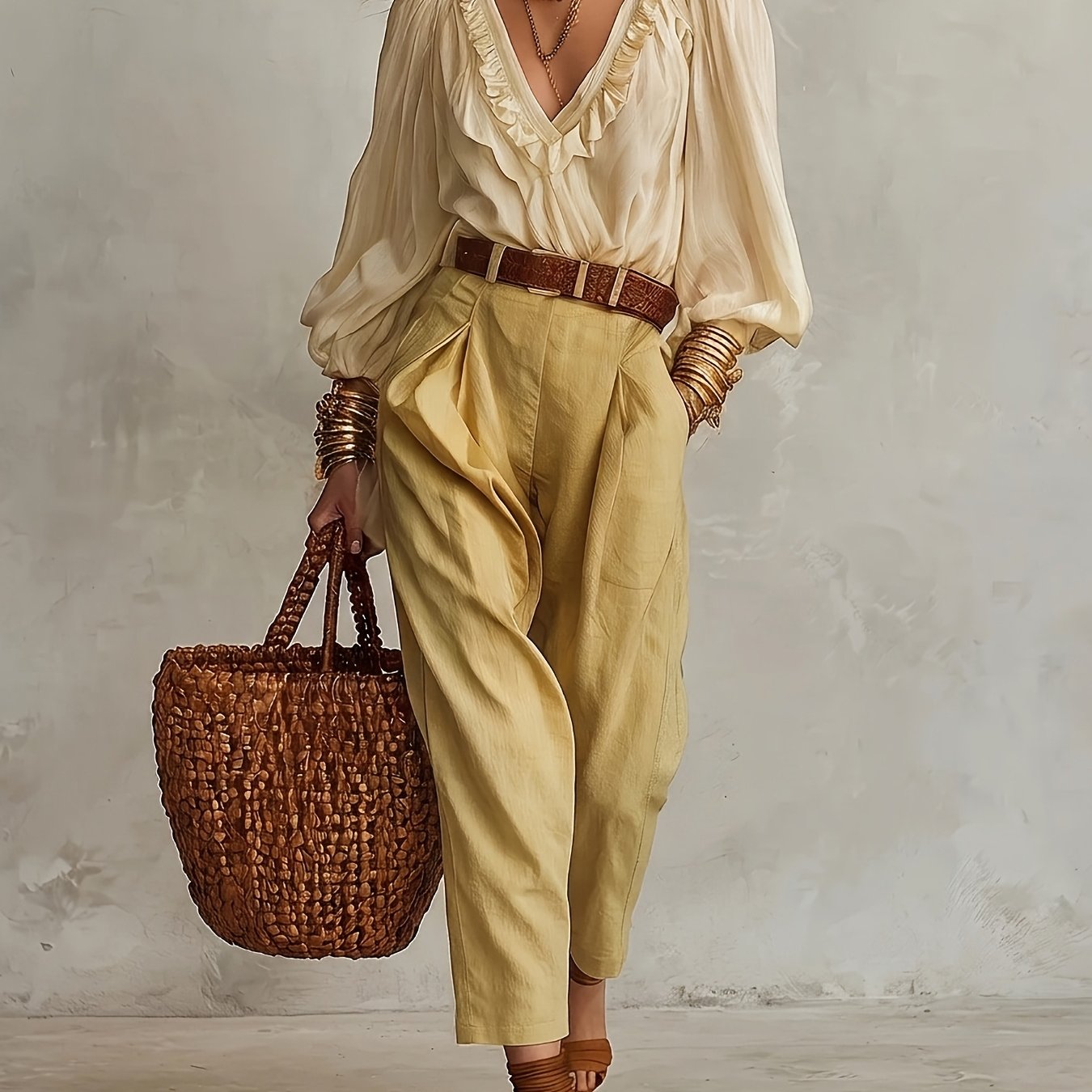 TEMU Ladies' Exquisite Ruffle Trim Elegant Flowy Shirt   Exquisite Slim-fit Long Pants Bottom [plmm Targeted Development]