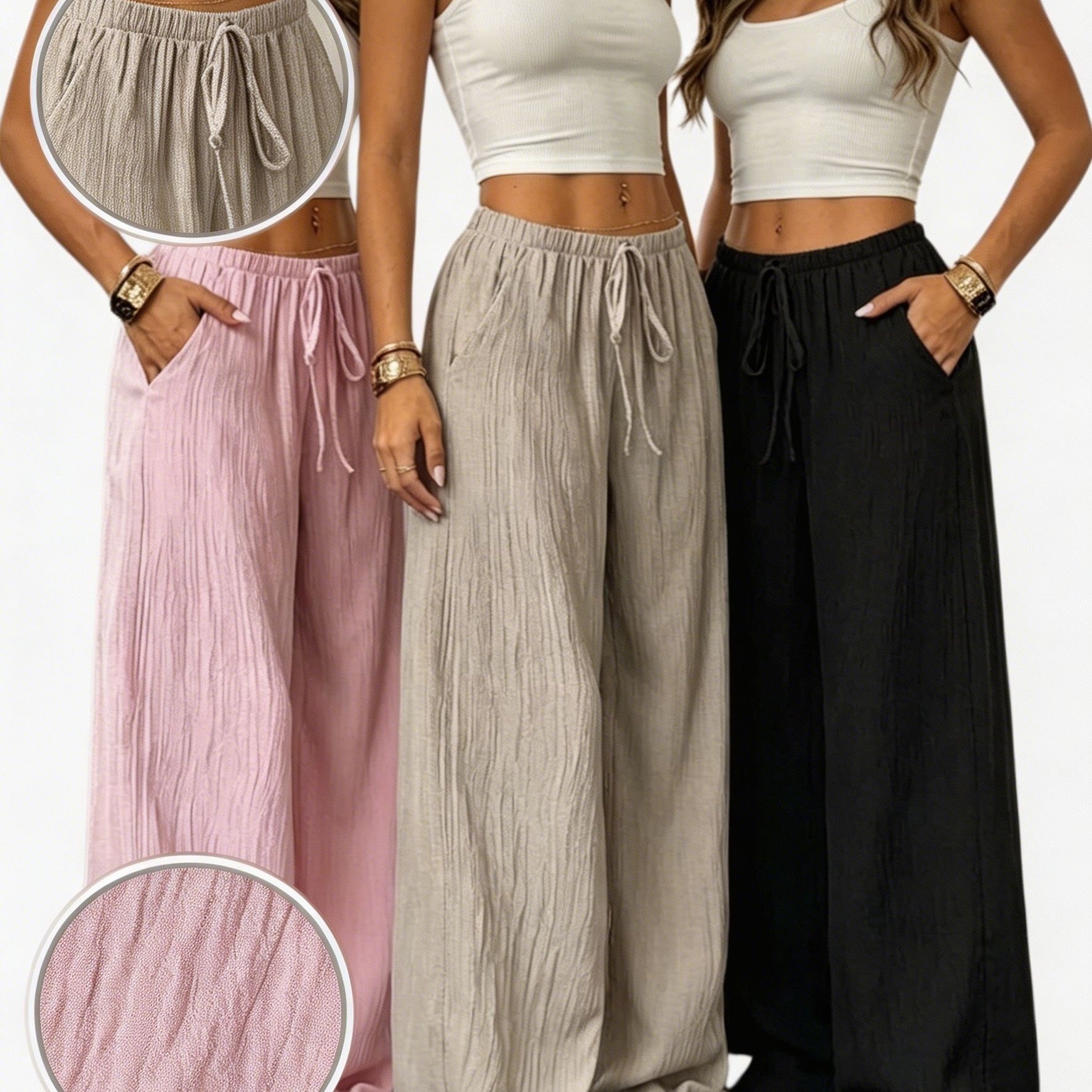 3pcs Linen Pants Women, No-iron Lightweight Breathable Fabric, Adjustable Drawstring Elastic High Waist, Pockets Loose Flow Trousers, Casual Loungewear For Beach Vacation Home Daily