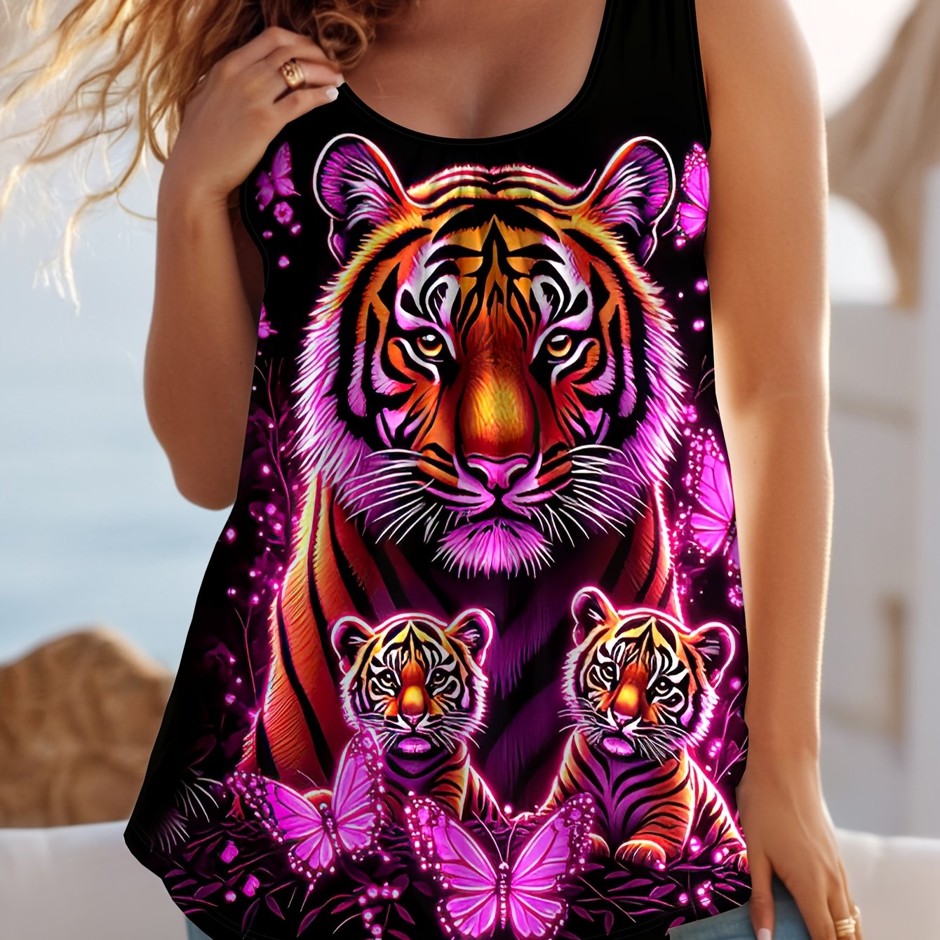 TEMU Women's Tank Top, Family And Pink Print Sleeveless Top, Casual Summer Vest, Animal Graphic Holiday Tank Shirt