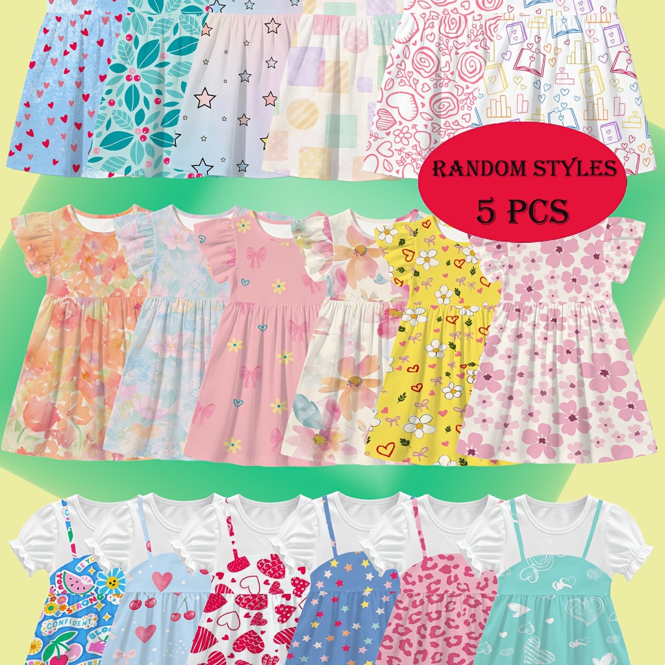 Image of 5pcs Random Styles, Summer Girls' Sleeveless/cap Sleeve/puff Sleeve Dresses, Heart Floral Print, Comfortable, Soft, Breathable, Suitable For 3 Year Old Girls For Indoor/outdoor Play And School Wear.
