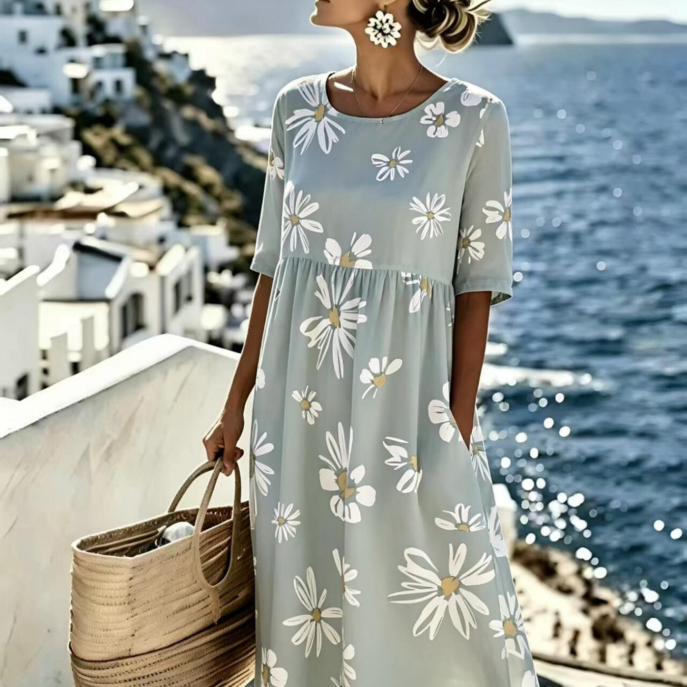 Image of Women's Summer Dress, Daisy , Casual Resort Style, Fashionable And Elegant, Machine Washable, Suitable For Daily And Commuting, The For Gifts