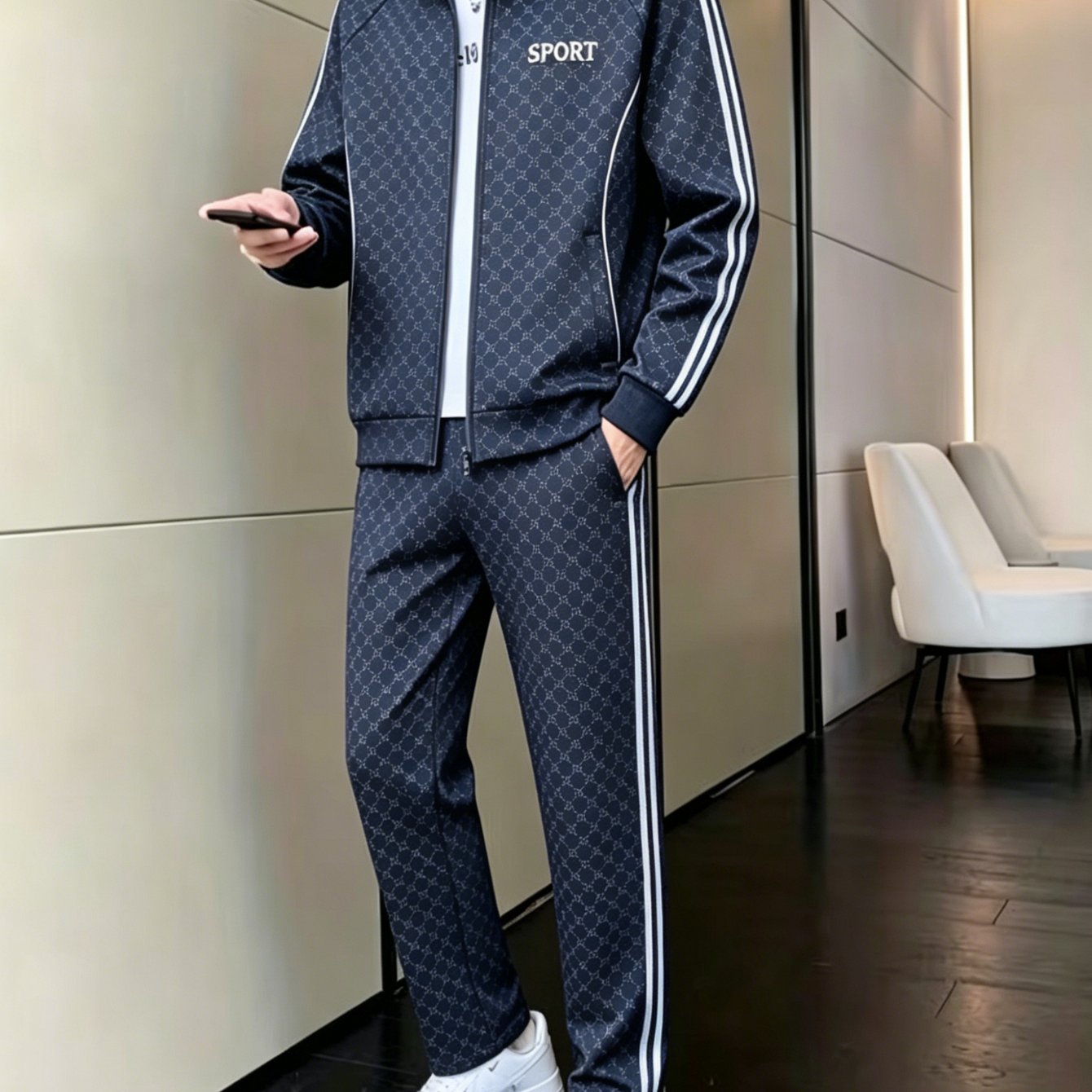 Image of Men's Navy Printed Sportswear Two-piece Set Full Zip Jacket And Straight Pants For Daily Fitness And Casual Wear And Autumn
