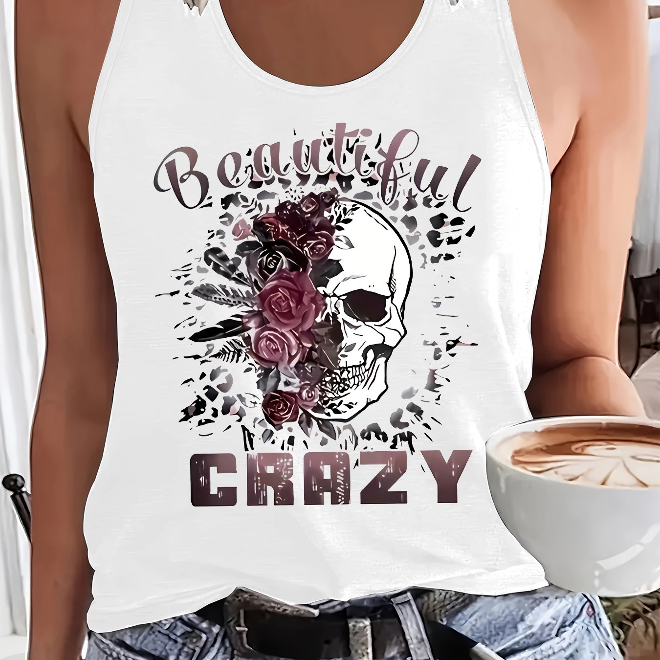 TEMU (064#) Women's /summer Tank Top, Unique Skull And Rose Print Sleeveless Vest, Casual Versatile Fashion Top