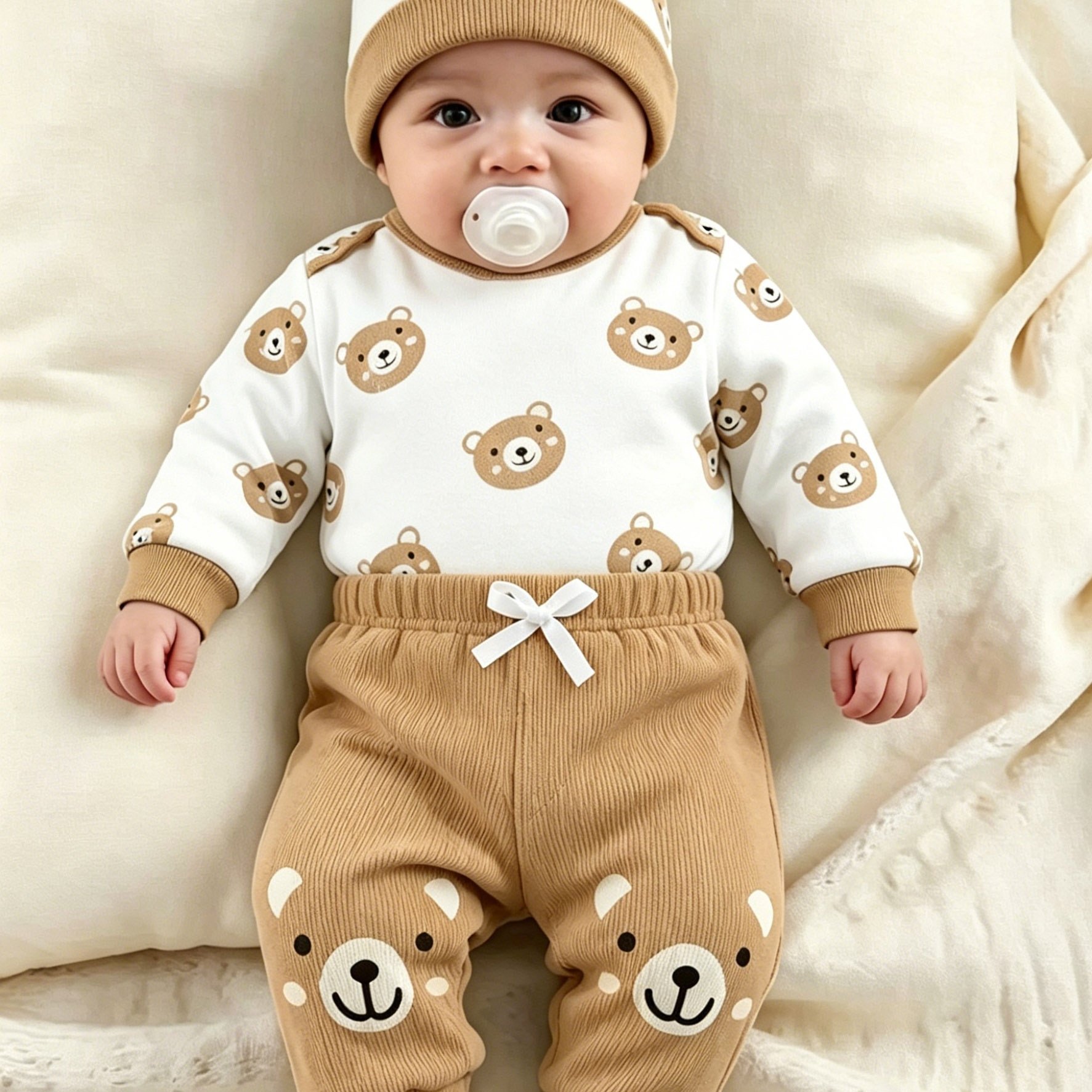 Image of Baby Boy Clothes Boys' Spring/autumn Cute Bear Round Neck Long Sleeve Color- Spliced Bodysuit + Bow Cute Long Pants + Hat 3pcs Set, Perfect For Outdoor