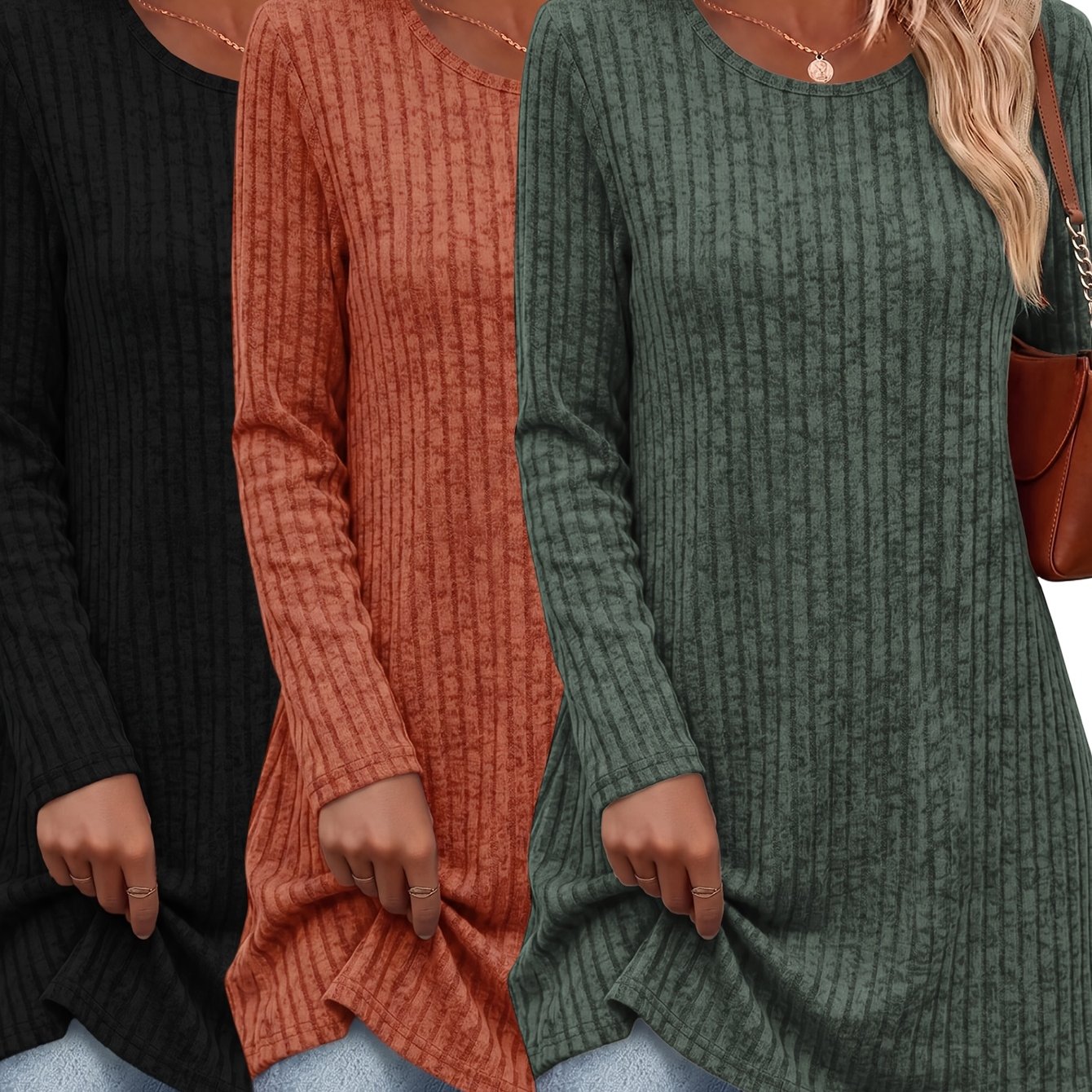 TEMU 3pcs Set Women's Fashionable Long-length Top, Comfortable Style, Elegant Round-neck Long-sleeve T-shirt