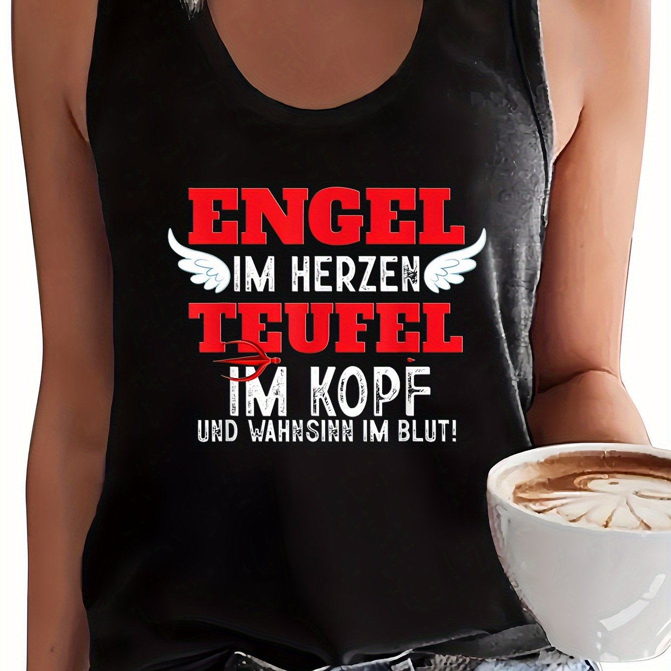Image of Plus Size, An , A Demon , In The Blood - Graphic Print Plus Size Sleeveless Tank Top, European And Plus Size Women's Summer Clothing , Spring/summer Round Neck Pullover