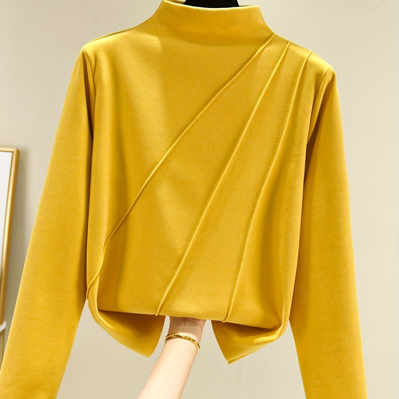 Image of Women'-sided Soft -like Texture Long Sleeve T-shirt - A-line Top, Smoke Neckline Blouse, Machine Washable Layering Shirt For Off & Casual Wear (no Padding)
