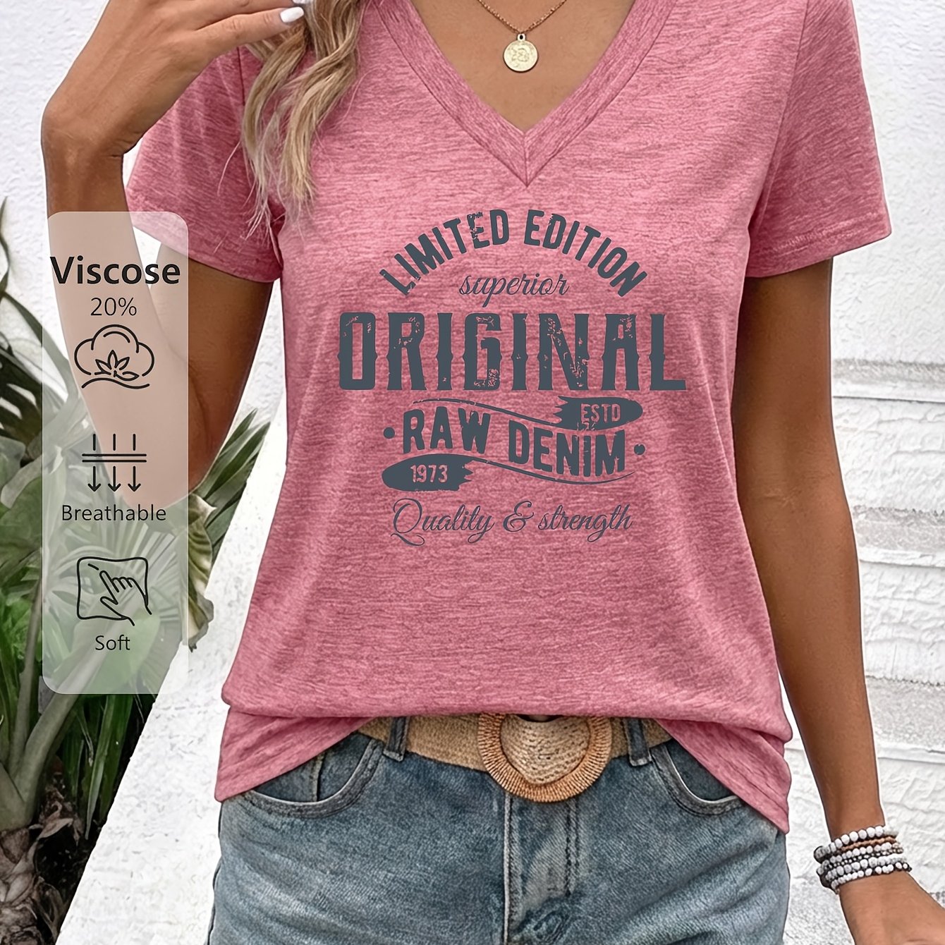 E-shop Damen V-Ausschnitt Kurzarm T-Shirt mit " EDITION ORIGINAL 1973" Retro Denim Print. Hautfreundlich, atmungsaktiv und mit einem qualitativ