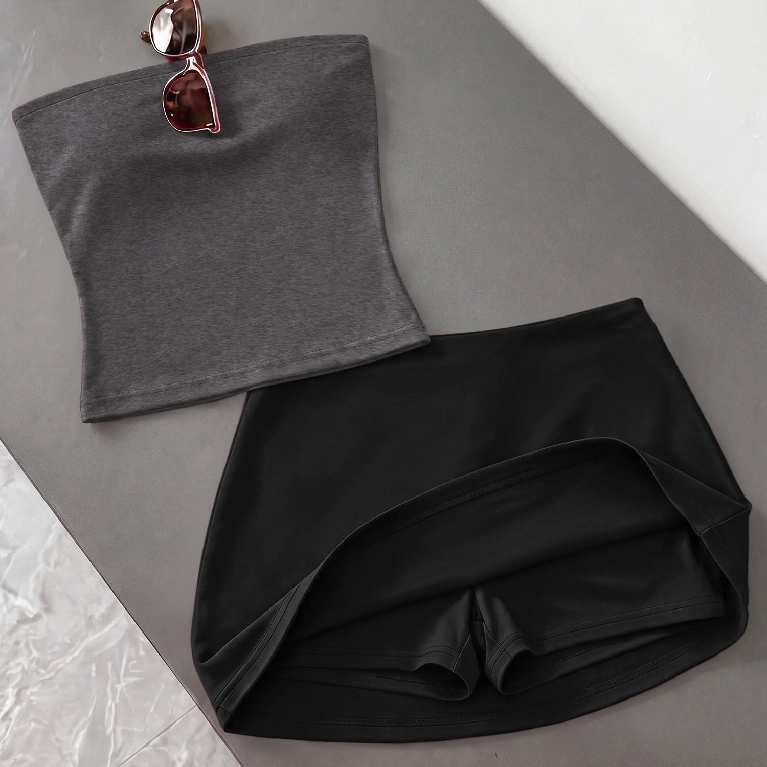 TEMU 2pcs Set: Women's Strapless Solid Color Slim Fit Tube Top   High-waist Anti-see-through Skirt Set For Spring/summer