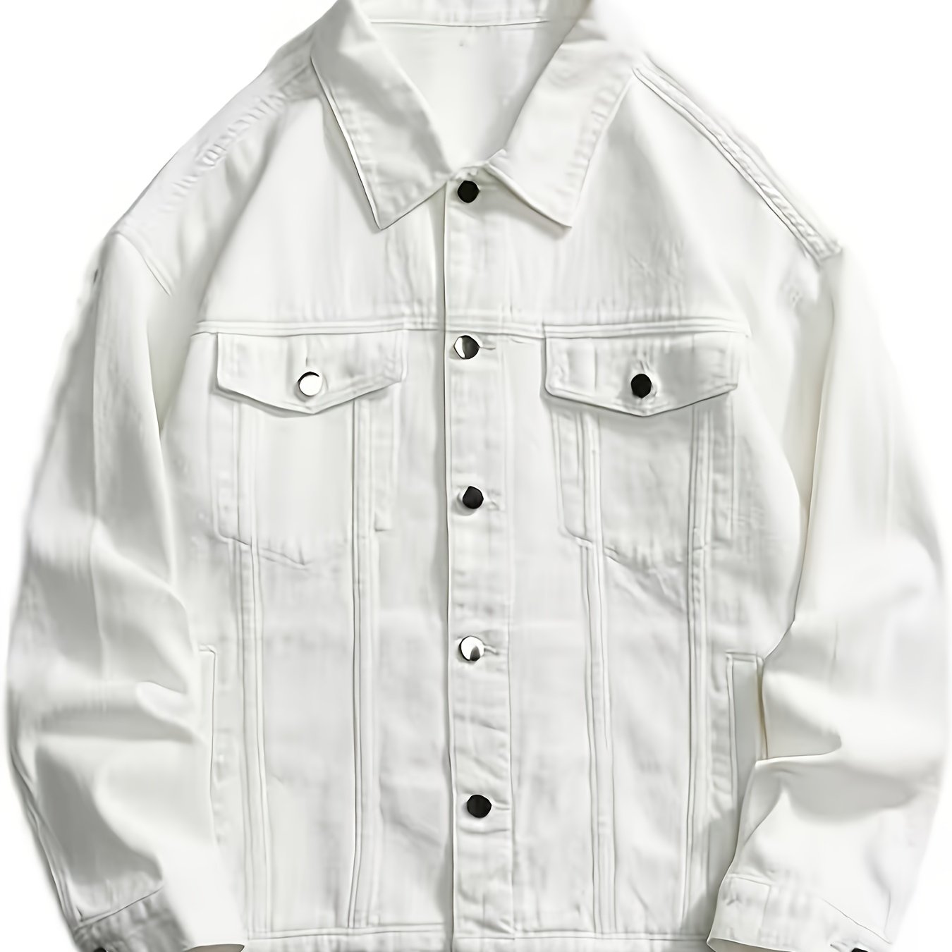 Image of []winter And Autumn White Denim Jacket - Loose Collar Design, Comfortable And Versatile, Trendy Fashion Jacket, Metal Buttons, Retro Loose Fit, Multiple Pockets, Suitable For Daily Commuting