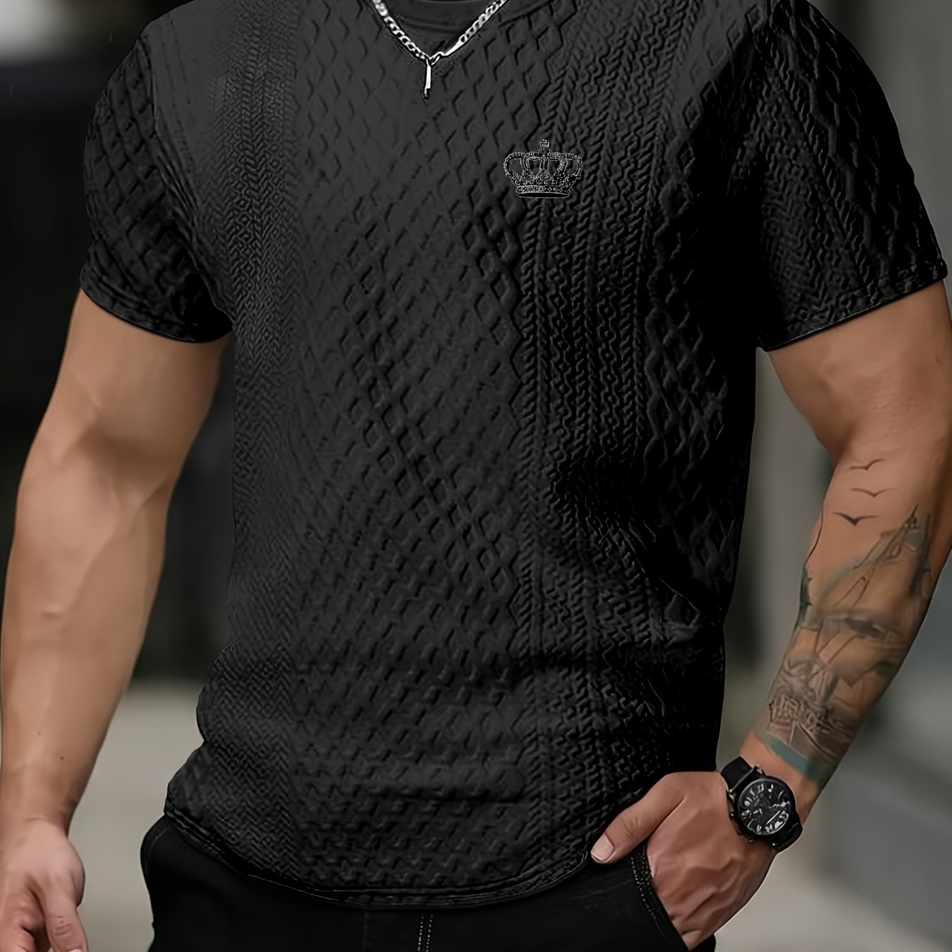 TEMU Men's Round Neck Textured Fabric Short Sleeve T-shirt, Suitable For Summer Casual Sports