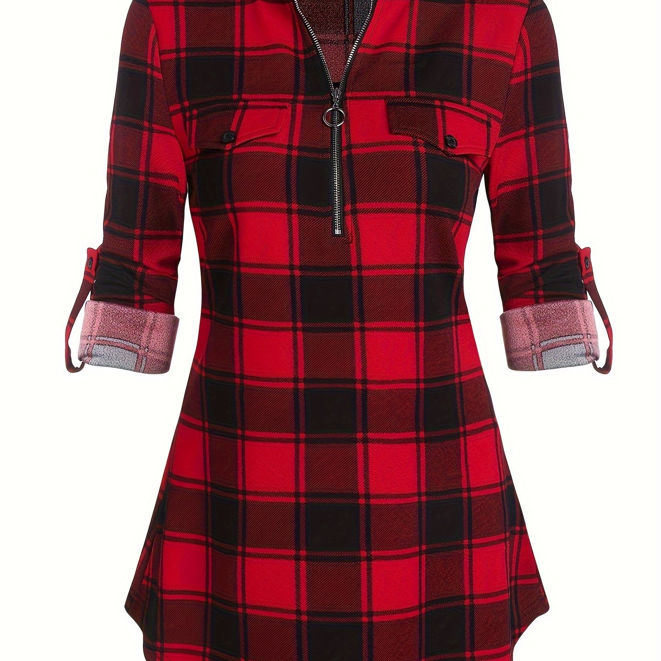 TEMU Women's Casual Plaid Dress With Drawstring - 100% Polyester Knit Fabric, Boat Collar, Long Sleeve, Fit And Flare Design For Spring/summer/fall