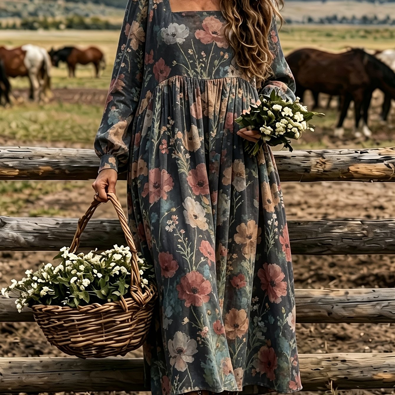 Image of Women' Neck Long Sleeve Dress, Retro Print Loose Dress, Casual Bohemian Midi Dress, Suitable For Ranch Farm Vacation, Loose Fit Holiday Dress