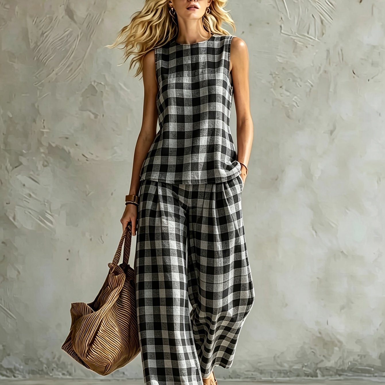New Women's Summer Clothing: Top + Pants Set Red White Gingham Check Summer Women's Vest Set Casual Wear Machine Washable Fiber Simple And Two-piece Set 2d Flat Printing Summer