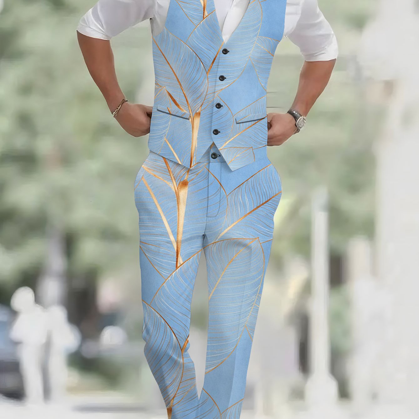 TEMU Men's Fashion 2pcs Set: Vest + Trousers In Blue With Pattern, Casual Trendy Suit Vest And Pants Combo, Classic Banquet Wedding Party Men's Vest