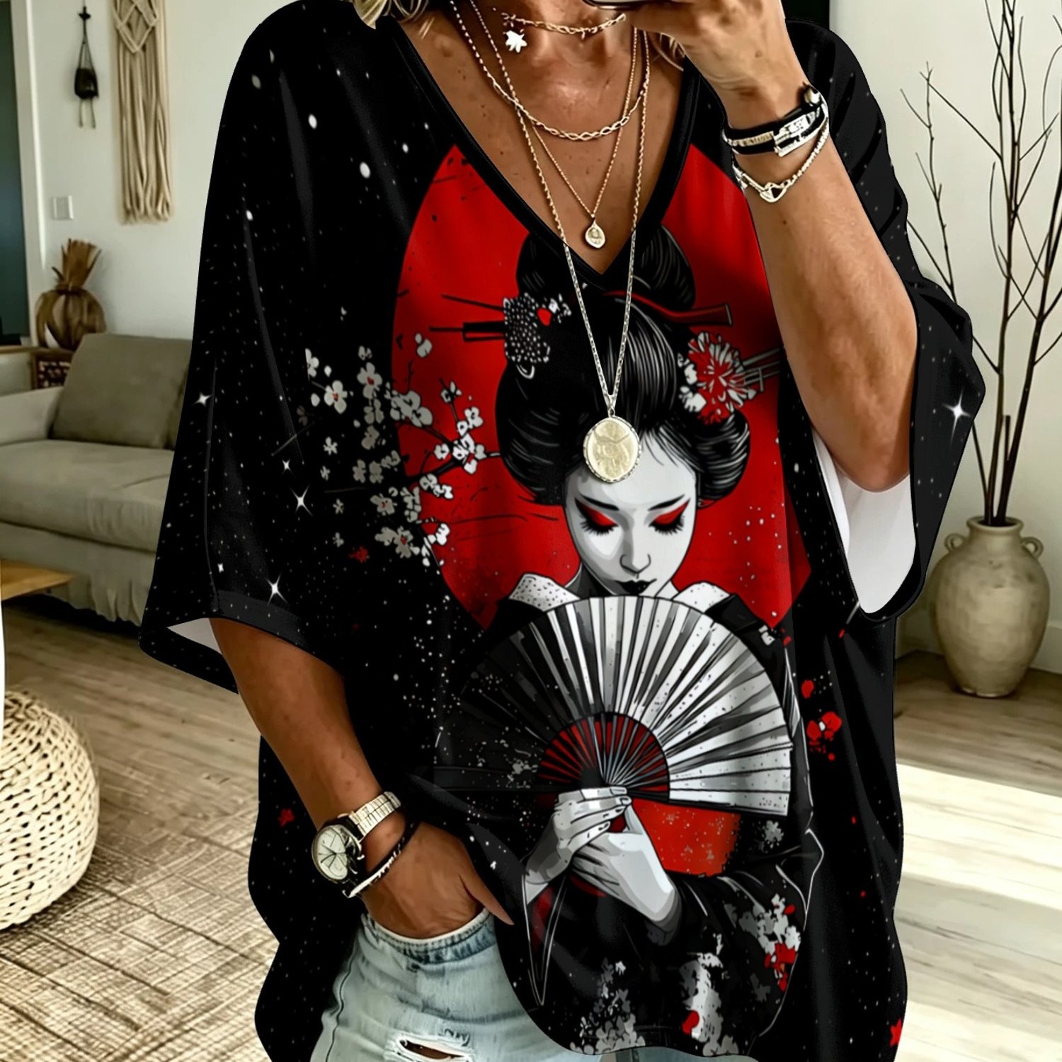 TEMU Plus Size Women's T-shirt, Japanese Geisha With Folding Fan And Print, For Daily Wear, Casual