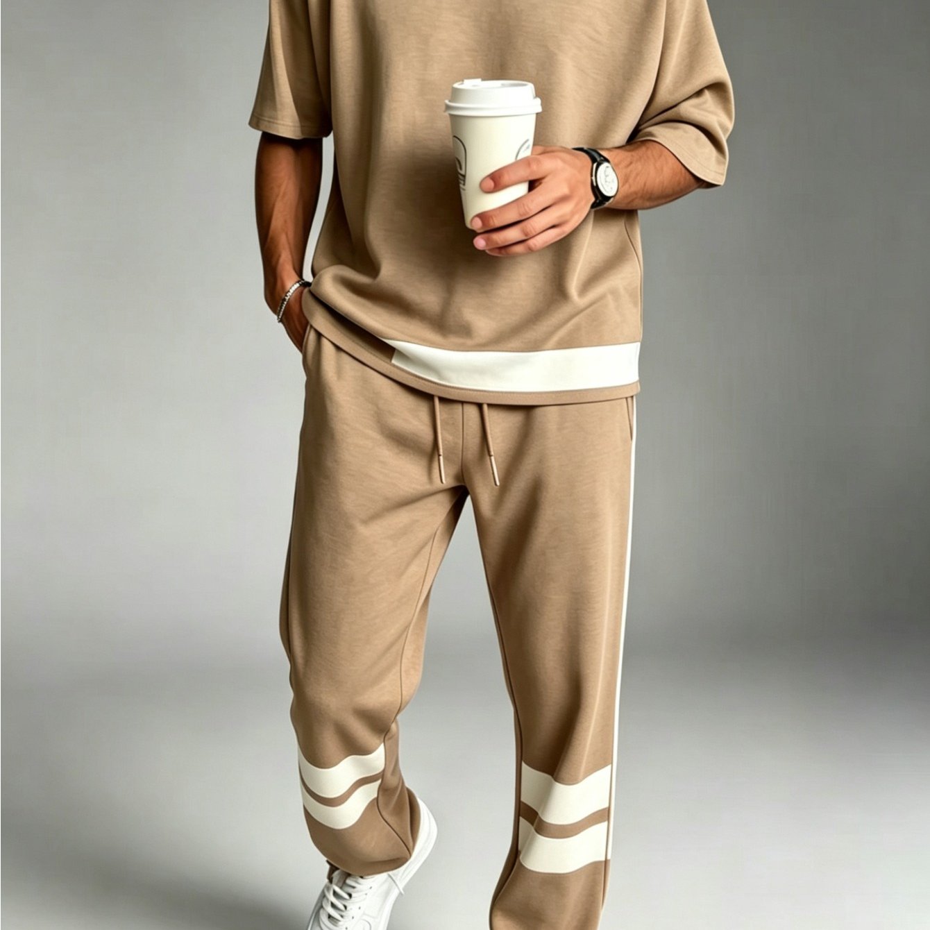 Men's Summer With White Striped Casual V-neck Short Sleeve Straight Leg Sweatpants Two-piece Set
