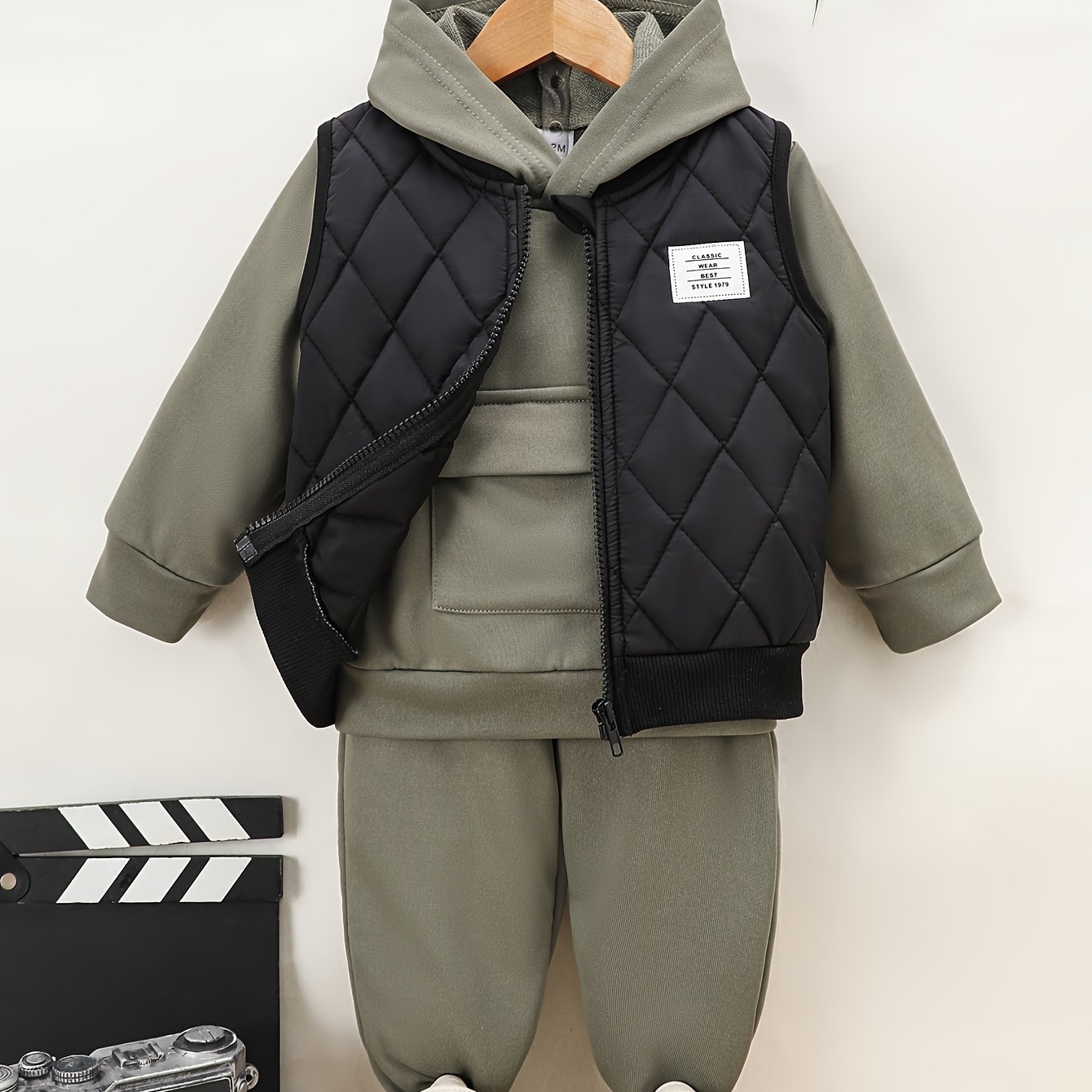 Image of Baby Boy Autumn And Winter Warm Daily Casual Trendy Style Solid Color Warm Black Vest And Solid Color Pocket Long Sleeve Brown Hoodie And Solid Color Pants Three-piece Suit, For Outdoor