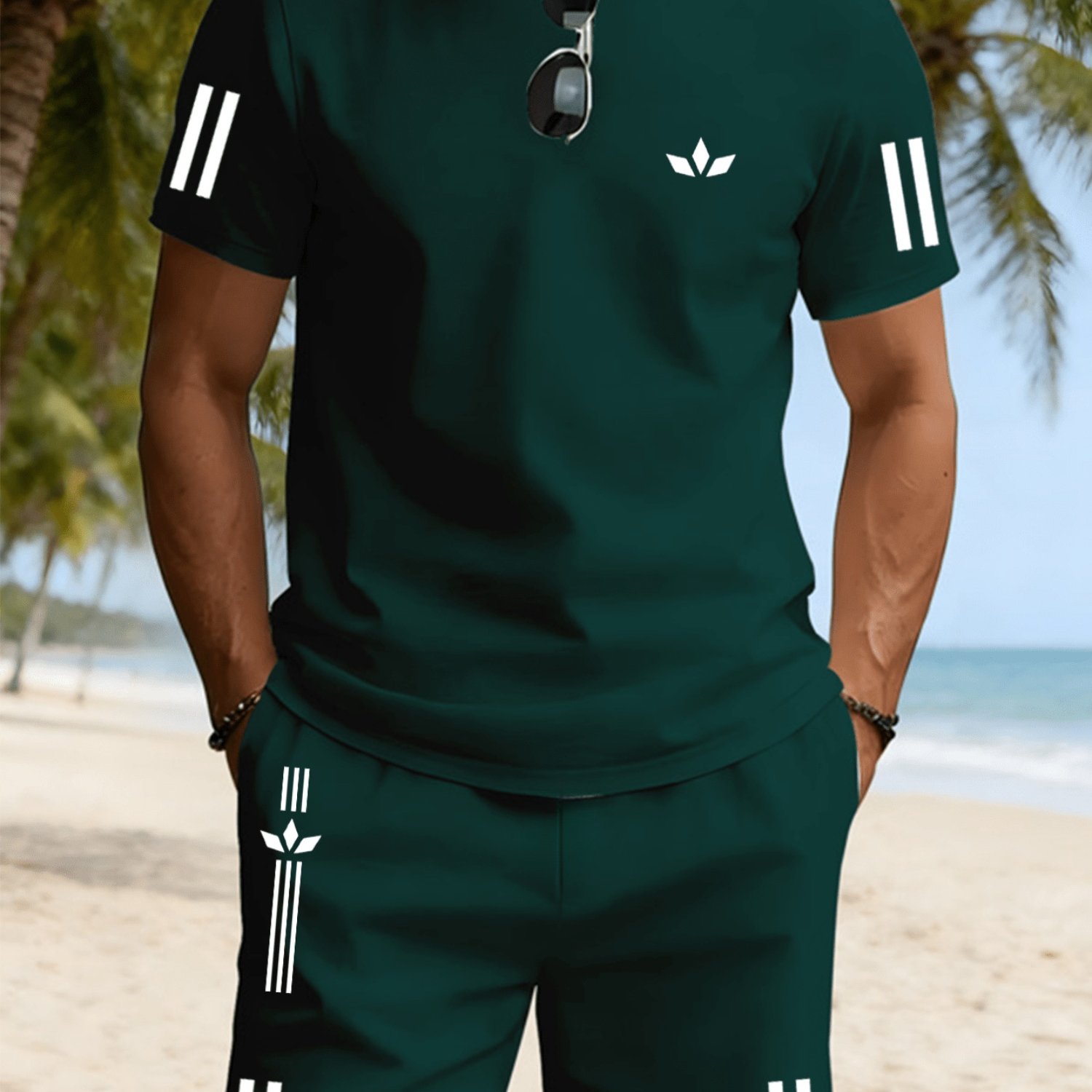 TEMU Men's Fashion Print 2pcs Set Round Neck Short Sleeve Top And Shorts Summer Outing Casual Trendy Clothing, Plus Size