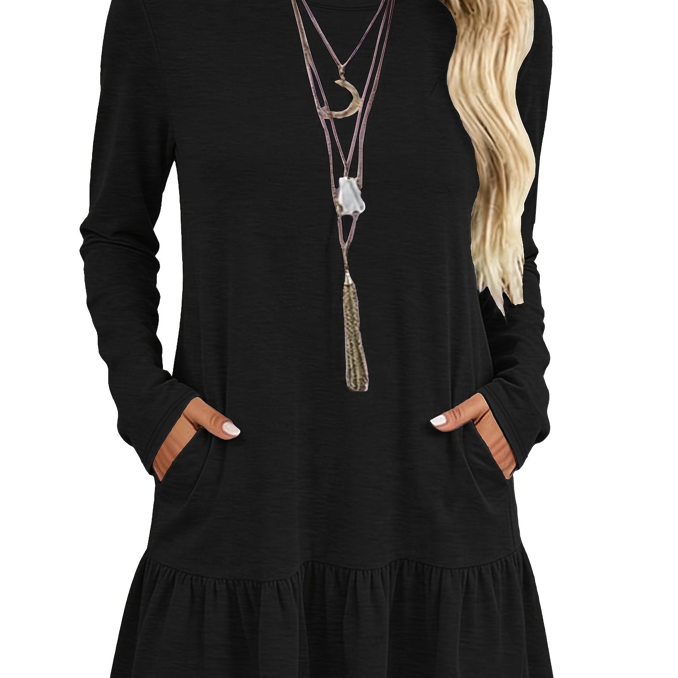 TEMU Women's Comfortable Longline Top, Elegant Casual Ruffle Hem Basic Shirt, Fashionable Loose Neck Long Sleeve T-shirt