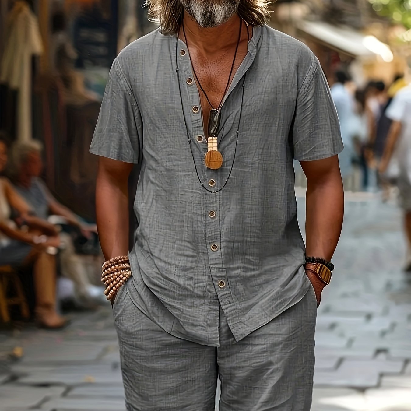 Summer Casual Fabric Men' Color Short Sleeve Single-breasted Shirt And Shorts Set