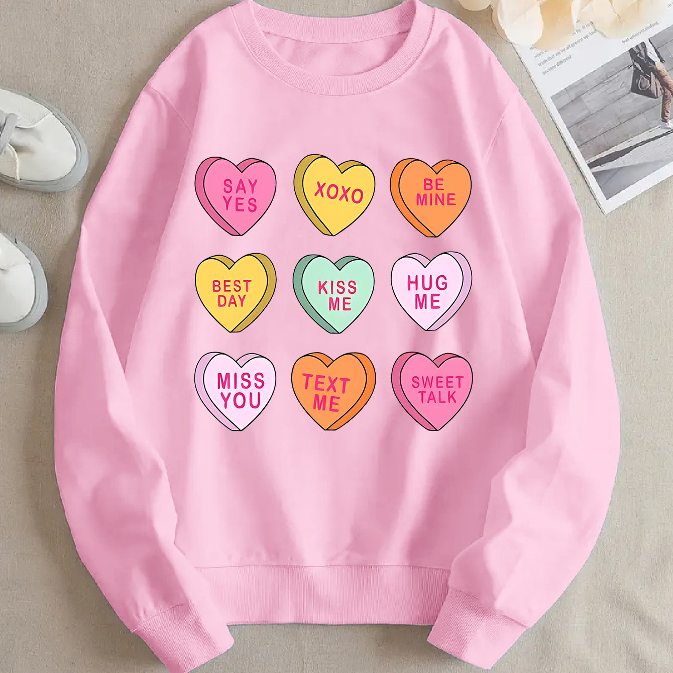 TEMU Valentine's Day Cartoon Print Sweatshirt - Cozy Fleece-lined Crew Neck For Women, Fall & Winter