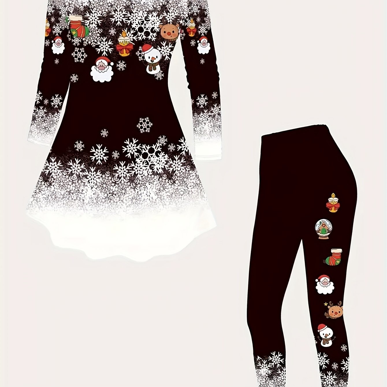 TEMU Christmas Element Snowflake Print Long Sleeve Top   Christmas Pattern Leggings Set