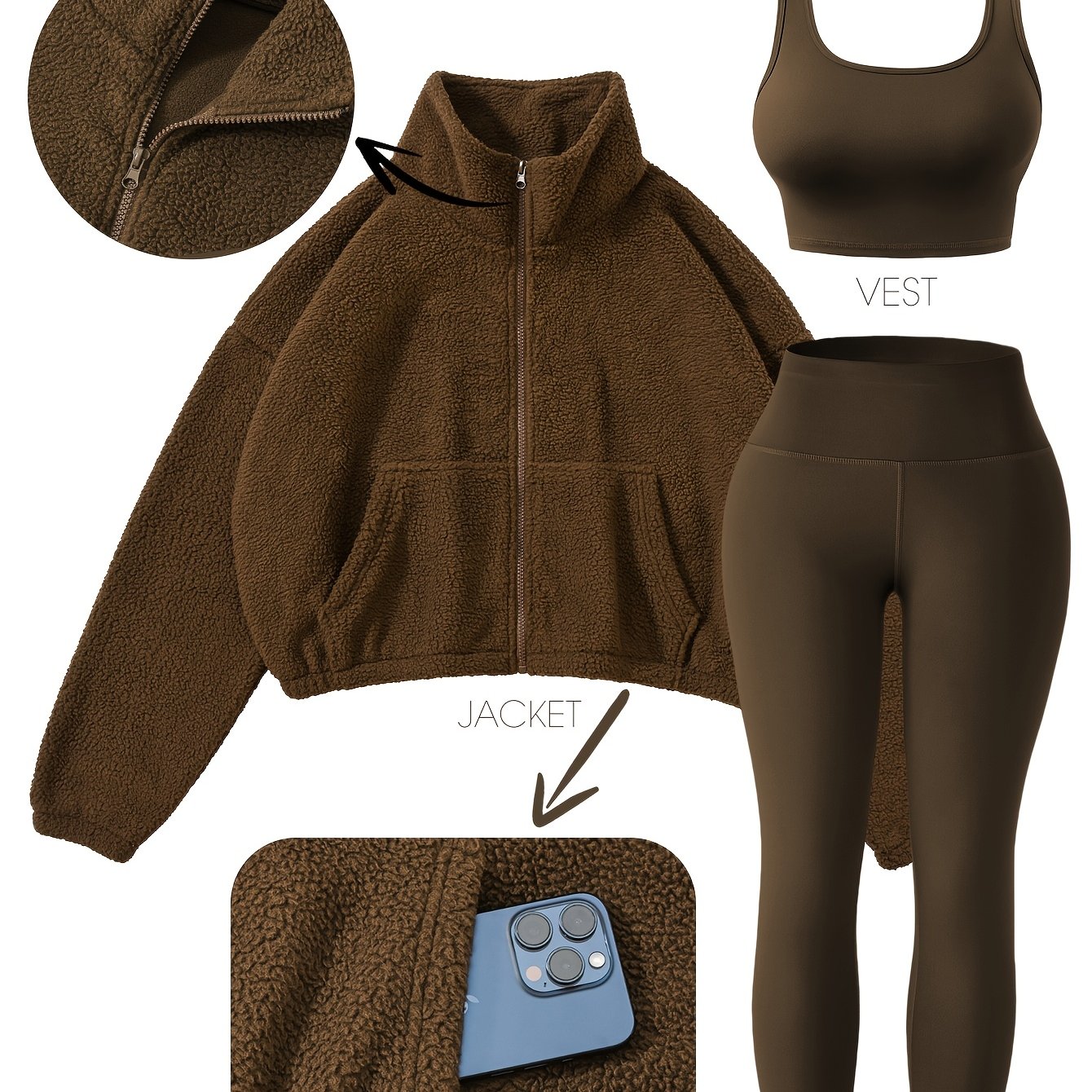 Image of Fall Winter New Solid Color Athletic 3pcs Set, Fleece Long Zip-up Jacket With Pockets, Yoga Leggings And Sports Bra, Slim Fit Soft Fabric (additions Not Included)