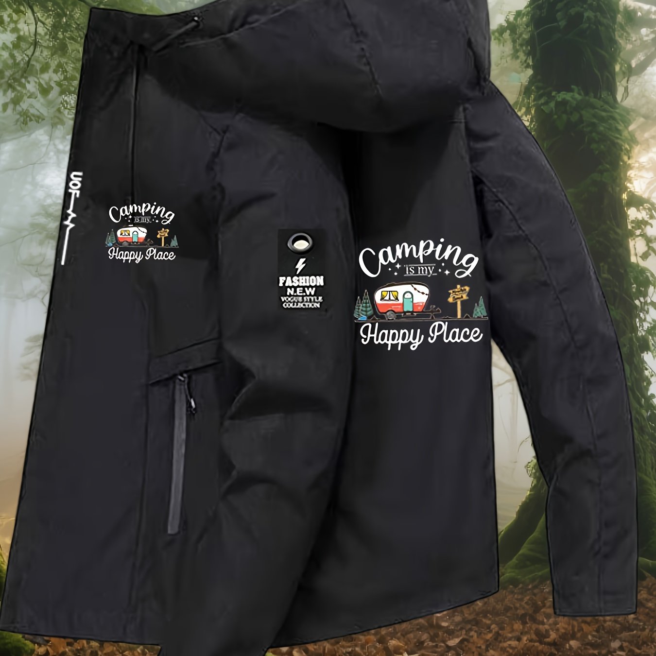 TEMU Herren Camping-Grafikjacke – Outdoor Kapuzenmantel mit Happy Place-Print, Reißverschluss-Langarm-Jacke für Wandern, Vordertaschen,