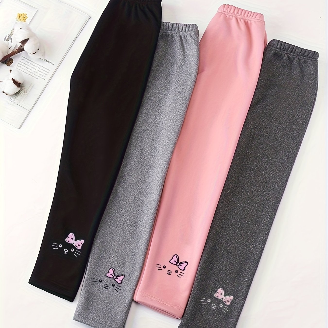 Girls' Fleece-lined Thick Boneless Warm Outer Leggings. Comfortable, Girly, Warm. Fashionable Cute 4pcs Set
