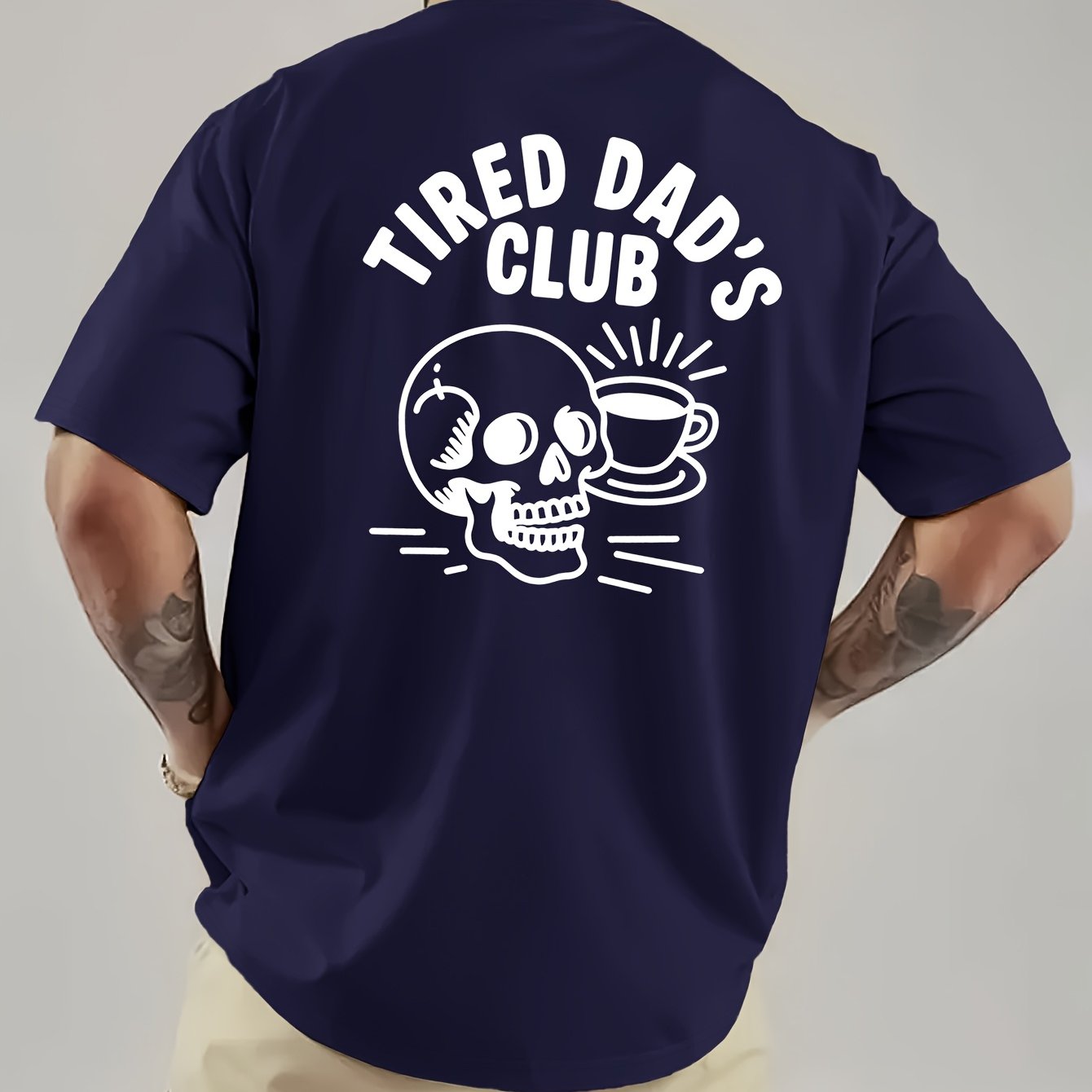 TEMU Fashionable Men's Crew Neck Short-sleeve Sports T-shirt With "tired Dad's" Printed Pattern, Comfortable For Daily Wear, Versatile And , Suitable