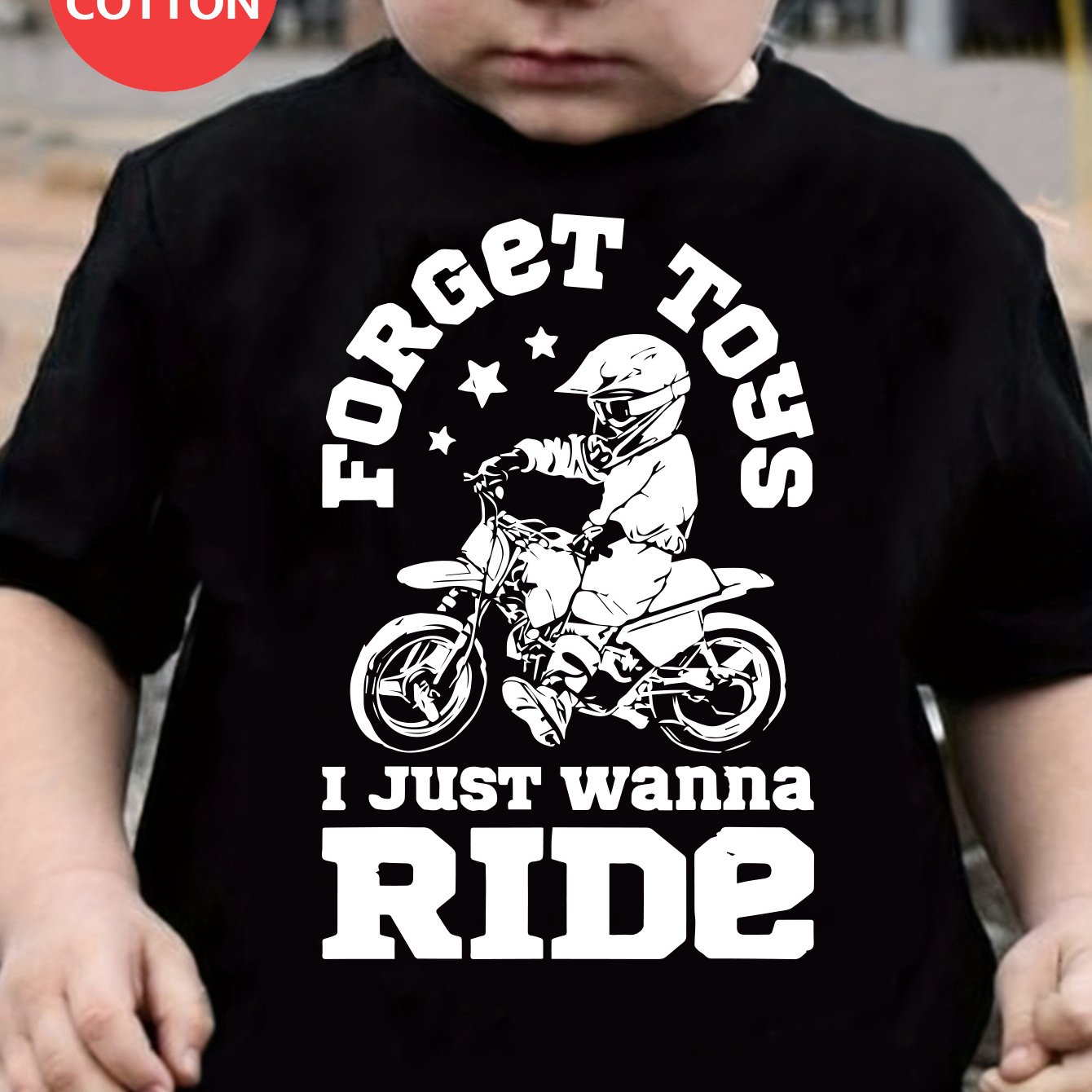 TEMU Gourd Doll Boys' T-shirt Motocross - " Toys, Ride" Graphic Of A Dirt Bike, Short Sleeves, Crew Neck In Black - Comfortable And Long-lasting For , Gourd Doll
