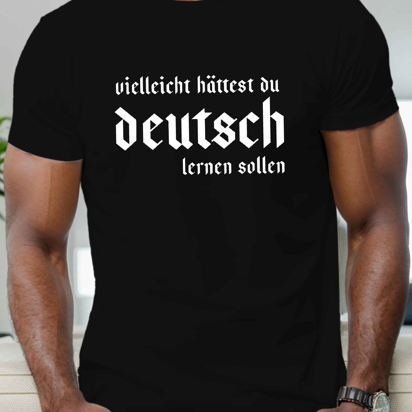 E-shop Herren-T-Shirt ' Solltest Du Deutsch Lernen' - Kurzarm, Sommerliches Freizeit-Oberteil mit Rundhalsausschnitt, Geometrisches Muster, Polyester