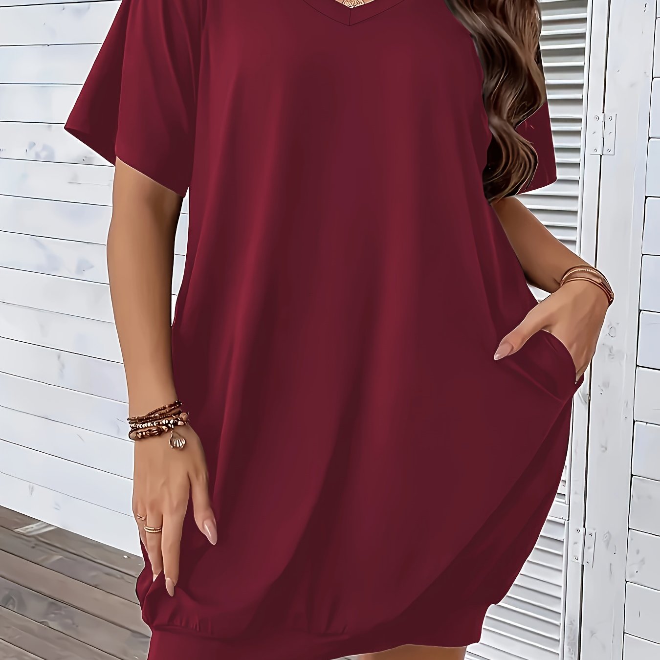 E-shop Plus Size, Europäisches Amerikanisches Cross-Border Damen-V-Ausschnitt Kleid mit Tasche in Übergröße
