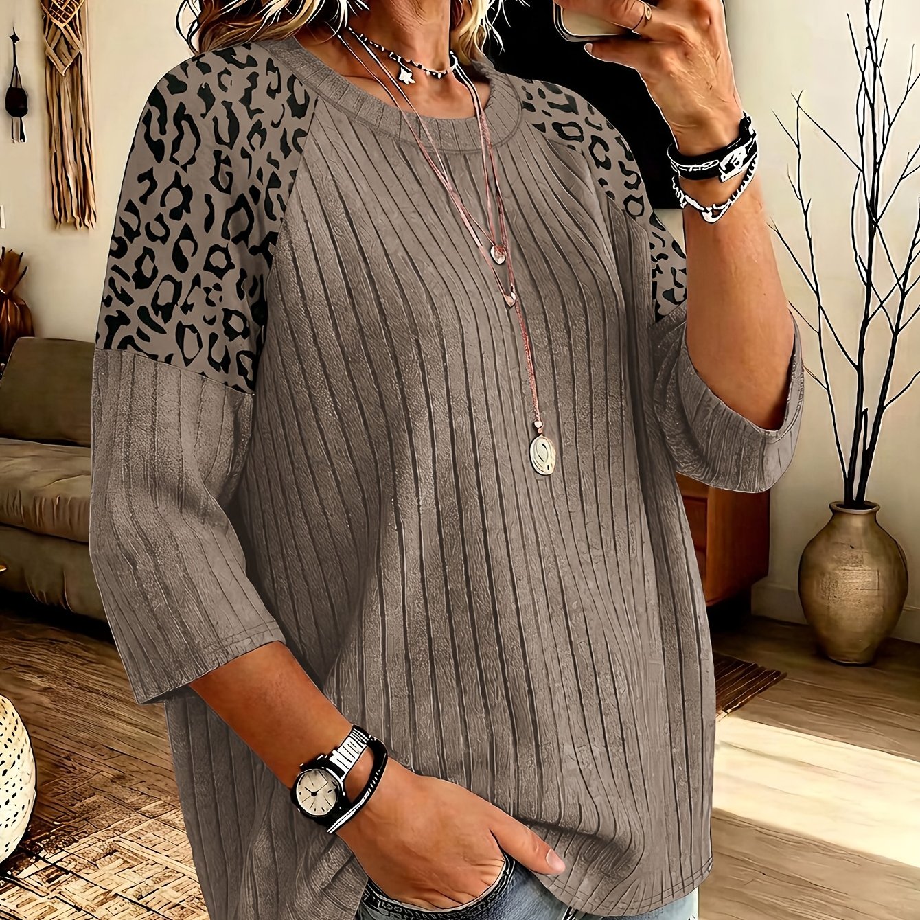 TEMU Haut pour femme à manches longues 3/4, T-shirt décontracté et confortable à col ras du cou et manches -, , , , avec patchwork à imprimé léopard