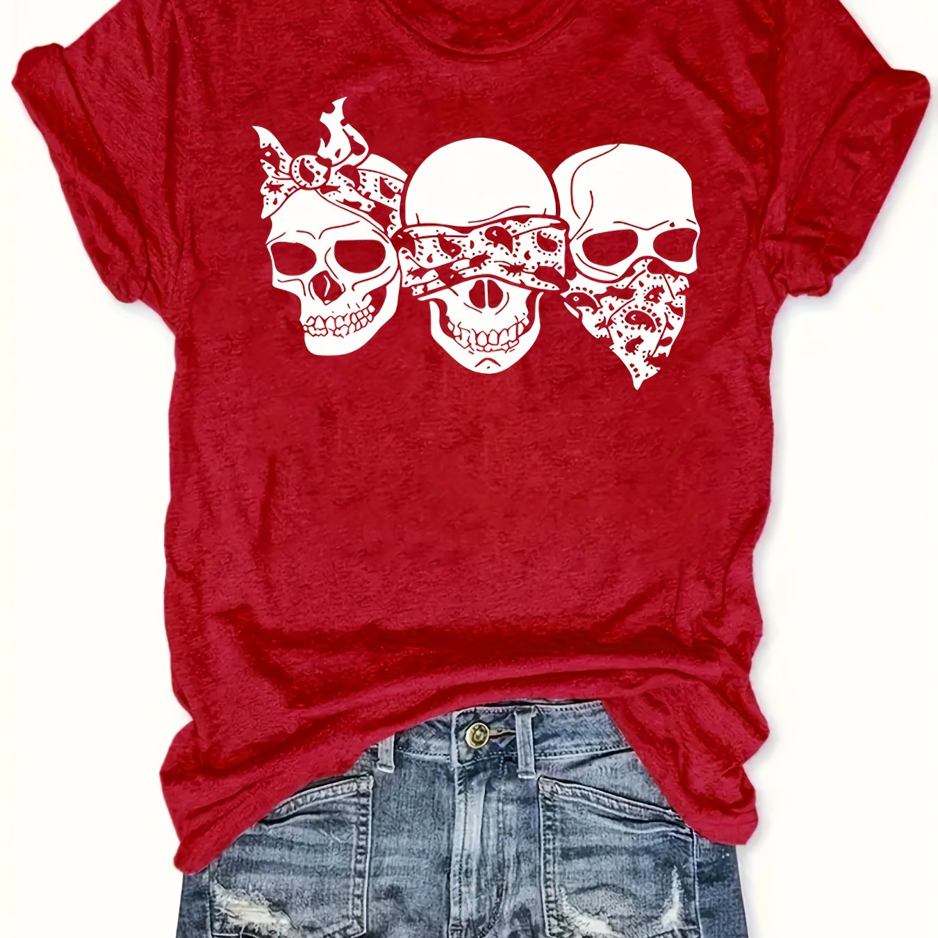 TEMU Plus Size, Holiday Cartoon Skull T-shirt: Oversized Round Neck Fashion Print Short Sleeve Women's Top T-shirt, Base Layer, Daily Wear