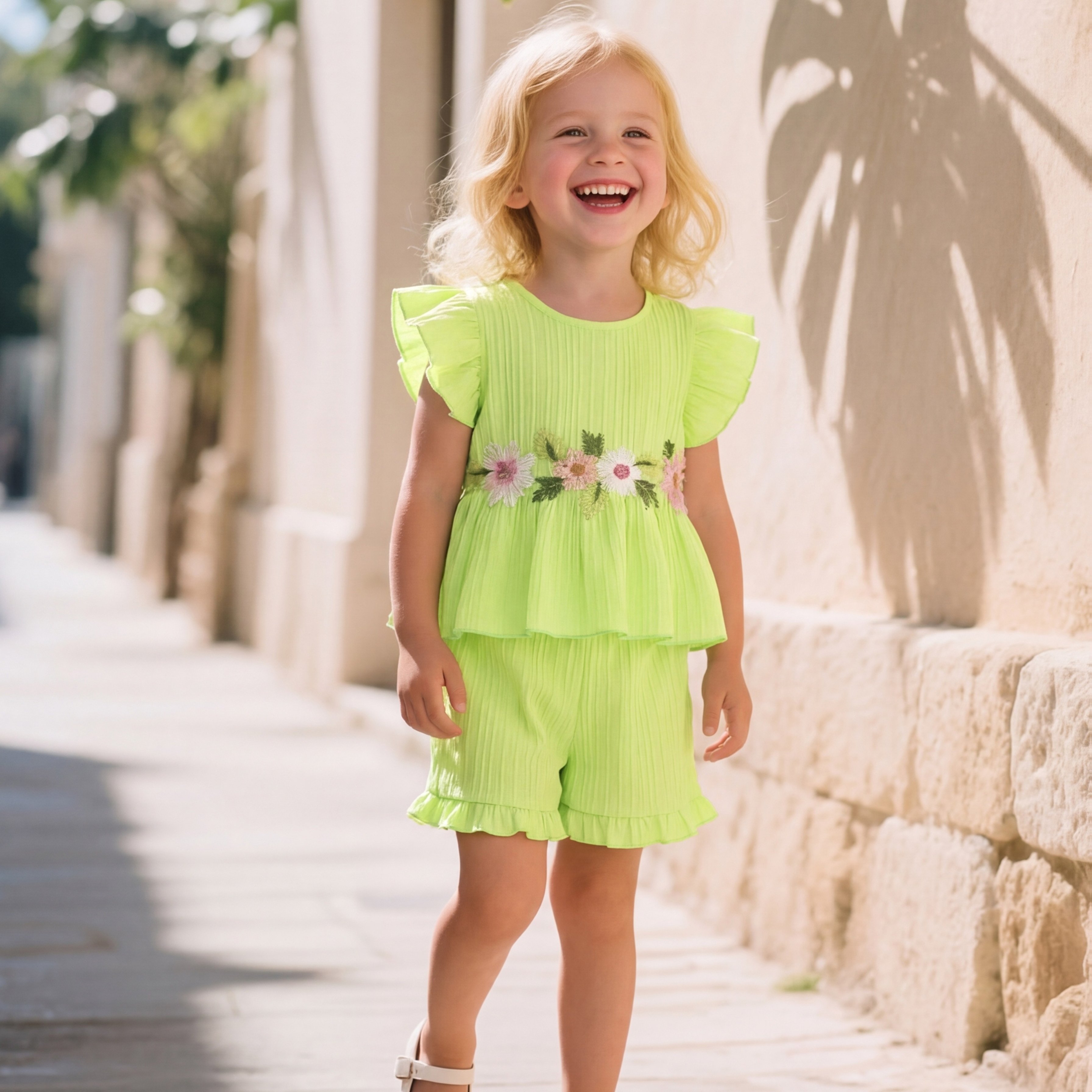 Image of 2pcs Set, Girls' Summer Shorts Set, Fashion Trim, Cute Flutter Sleeves Design, Trendy Summer Wear. Suitable For Outdoor