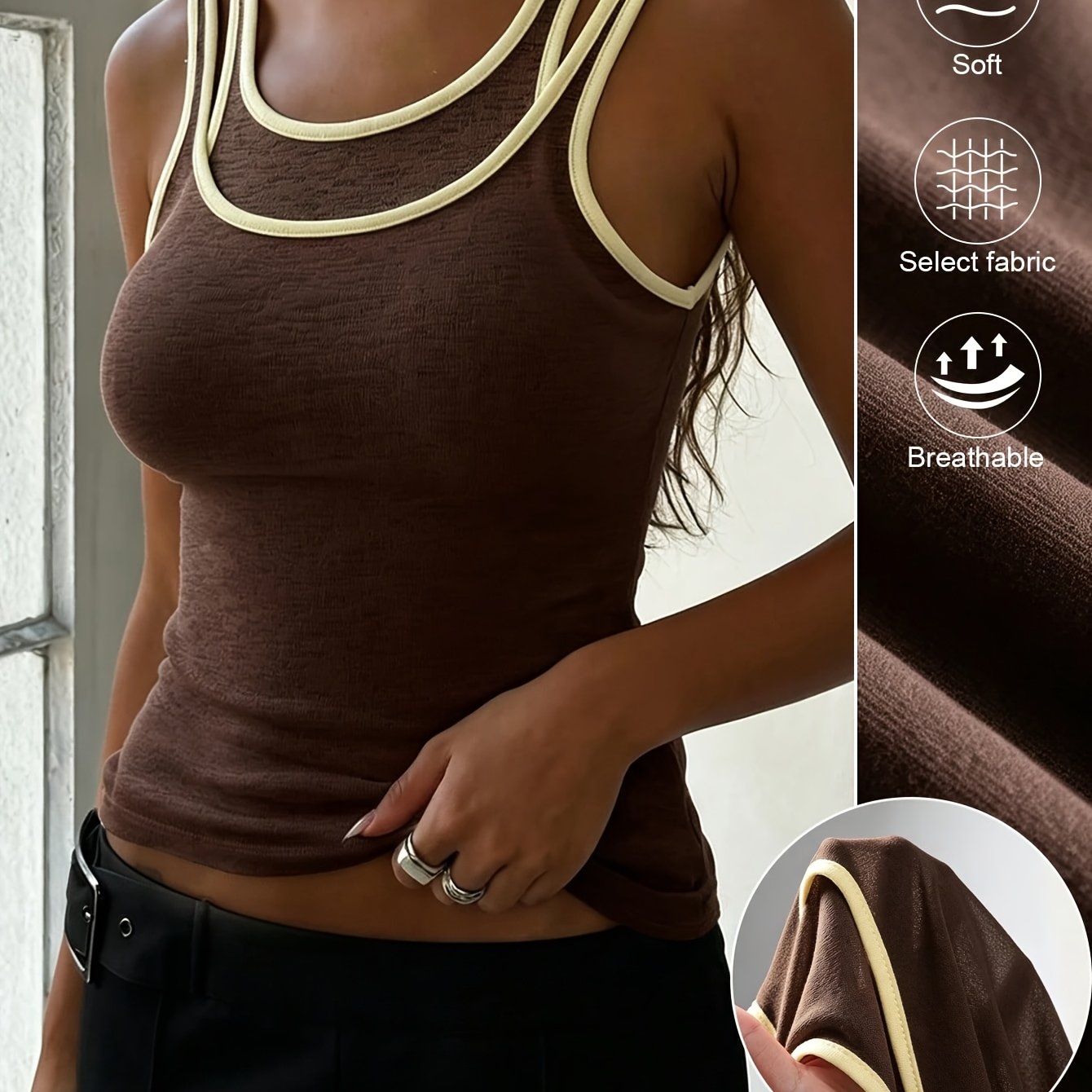 TEMU Women's Fashion Solid Color Sleeveless T-shirt, Suitable For Spring And Summer