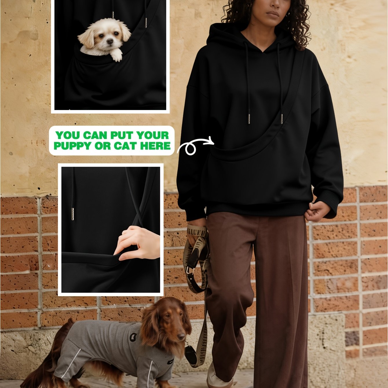 TEMU Women's Loose Fleece-lined Hooded Sweatshirt, Solid Color Easy Design, For Pet Lovers, With Built-in Pet Carrying Pocket, Soft And Comfortable,