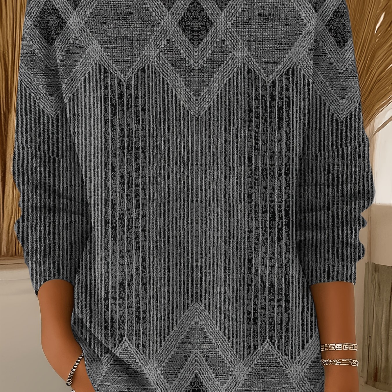 TEMU Vintage Vertical Stripe Print T-shirt, Casual Crew Neck Long Sleeve Top