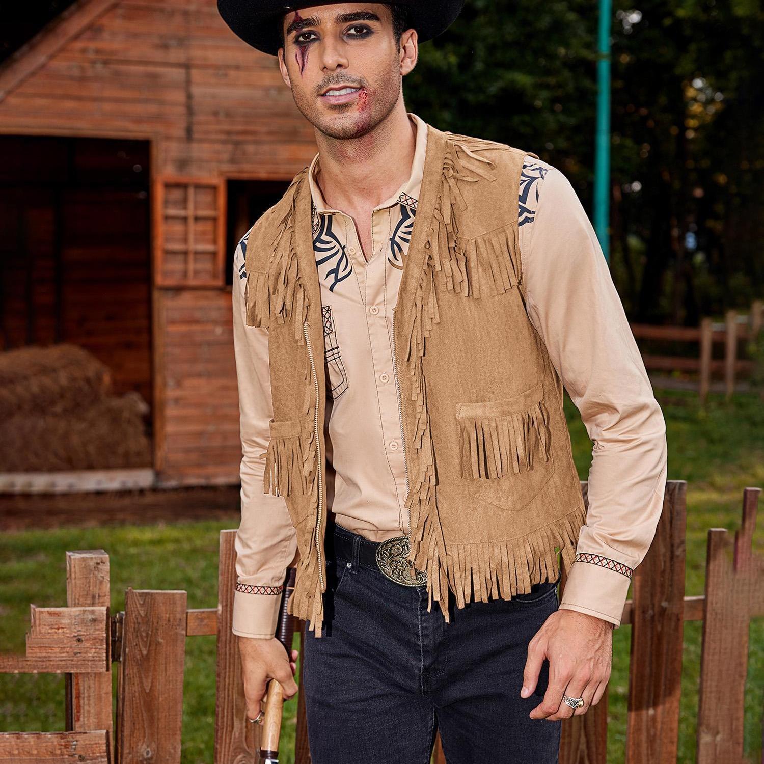 Miutii Men's Western Cowboy Vest Casual Fringe Hippie Costume V