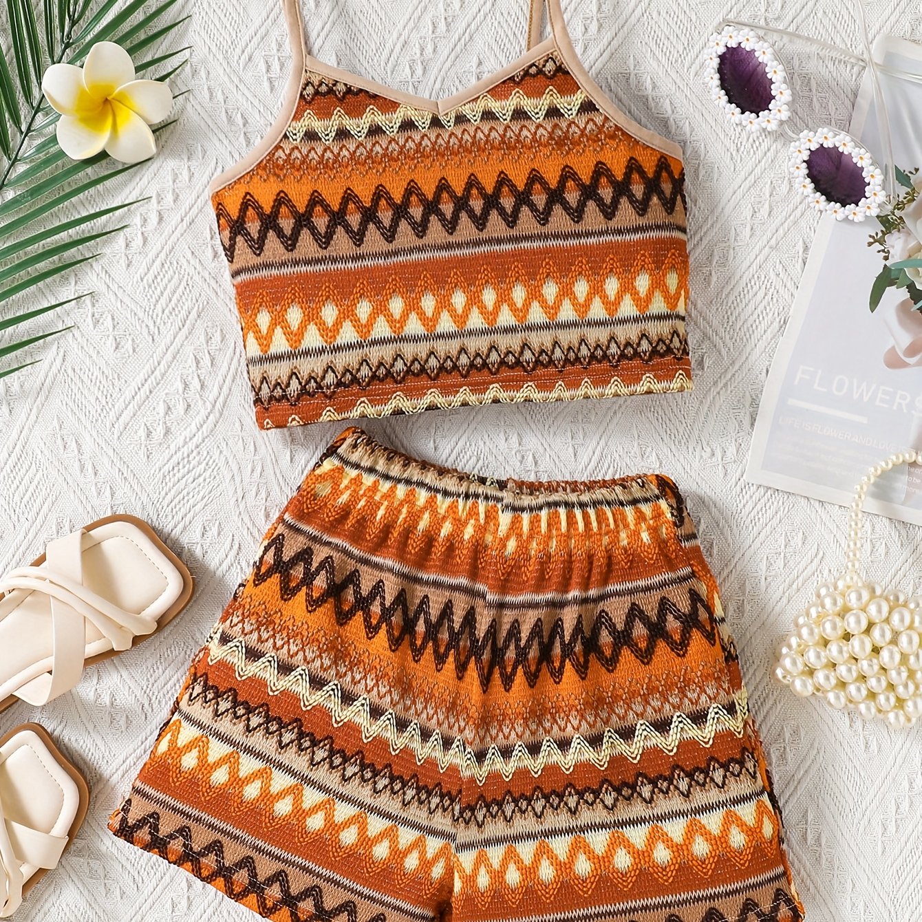 Fashion Geometric Striped Outerwear Color Block Sleeveless Suspenders + Shorts Vacation Seaside Beach Style 2pcs Set, For Outdoor