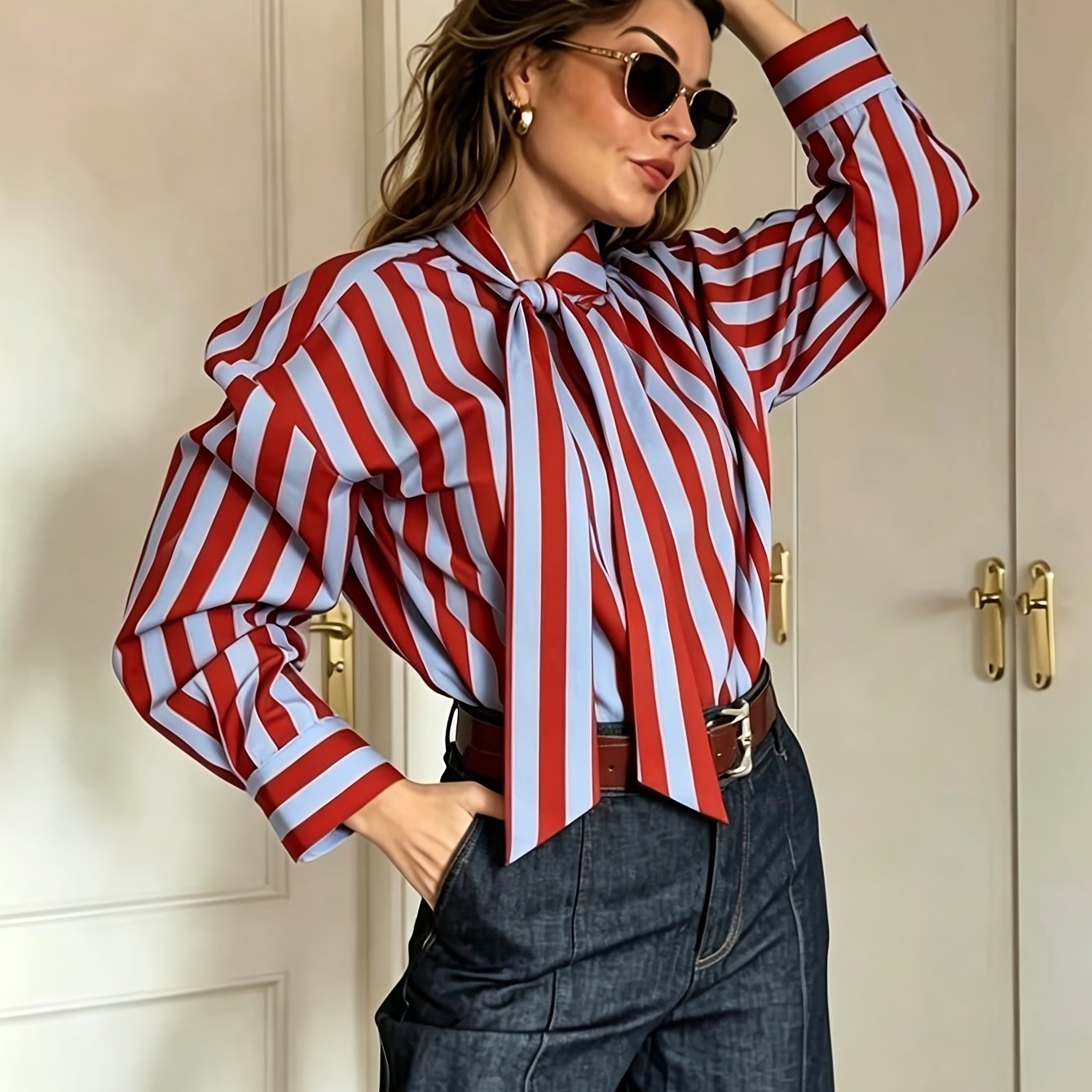 TEMU Elegant Color Block Striped Bow Shirt, Autumn Fashion Vacation Street -inspired Top, Spring And Autumn Women's Shirt
