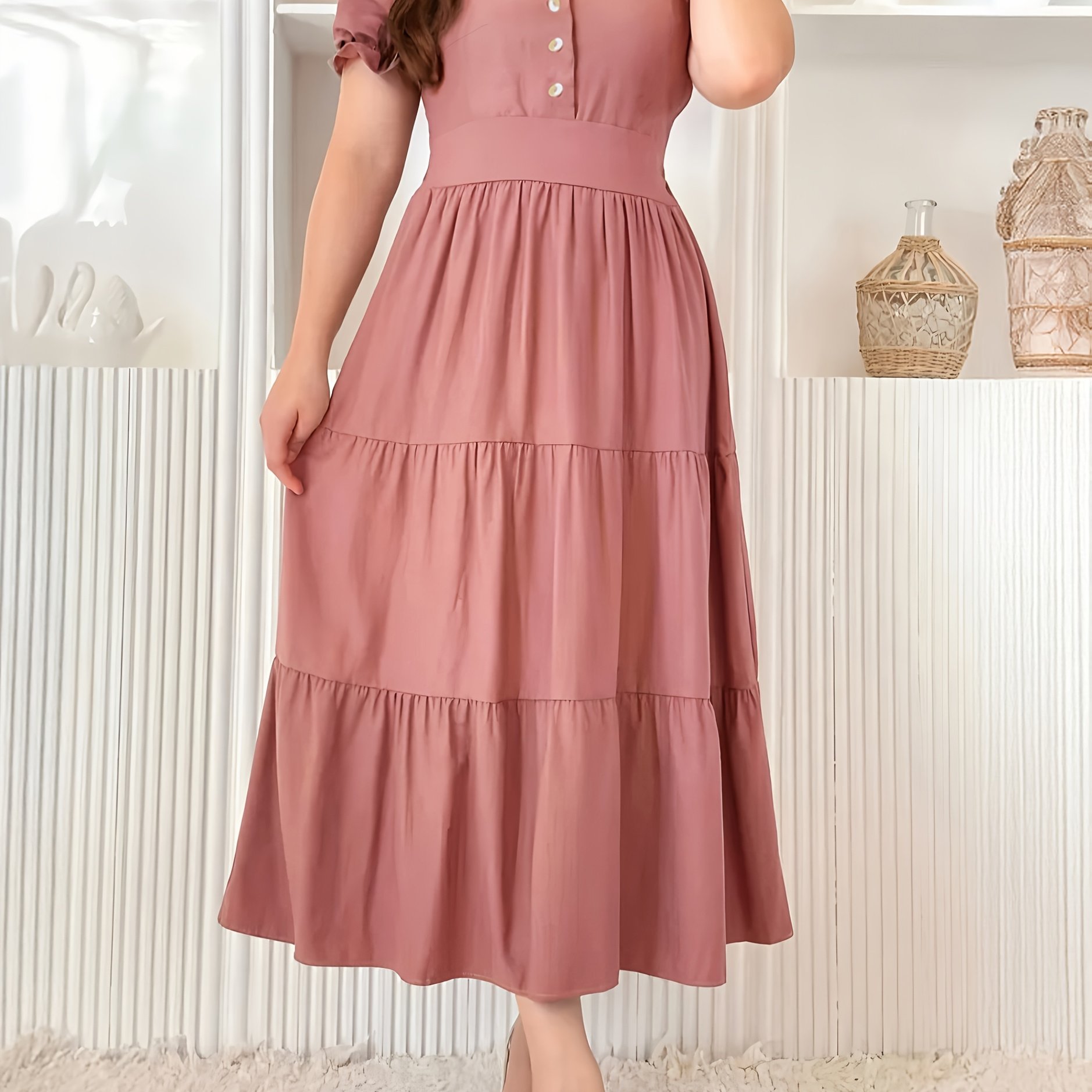 TEMU Women' Color Casual Short-sleeve V-neck Waist-tie A-line Dress
