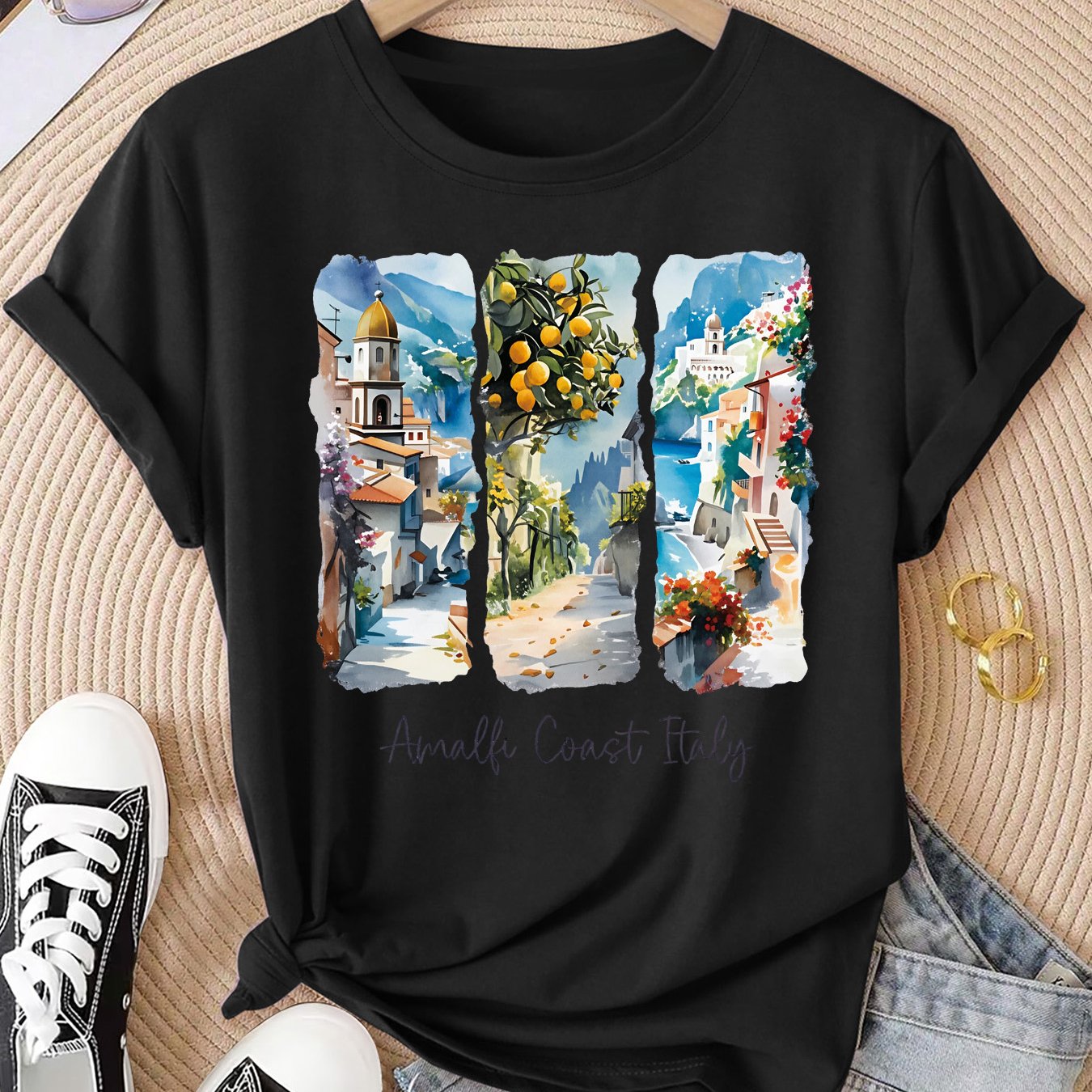 TEMU Women's Italian Amalfi T-shirt - Soft Breathable Short-sleeve Round Neck Top With Amalfi Watercolor Print, Suitable For Casual Wear, Machine