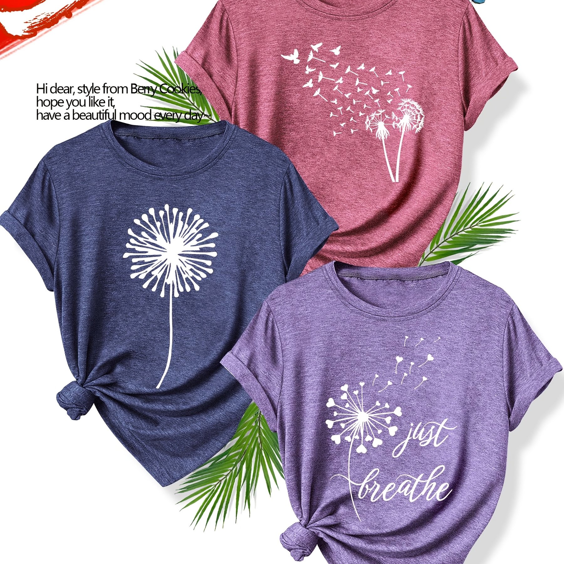 TEMU A Set Of 3 Stylish And Elegant Short-sleeve T-shirts Featuring Clear Lines And Floral Patterns, Perfect For Casual Wear , Autumn, And Summer. In