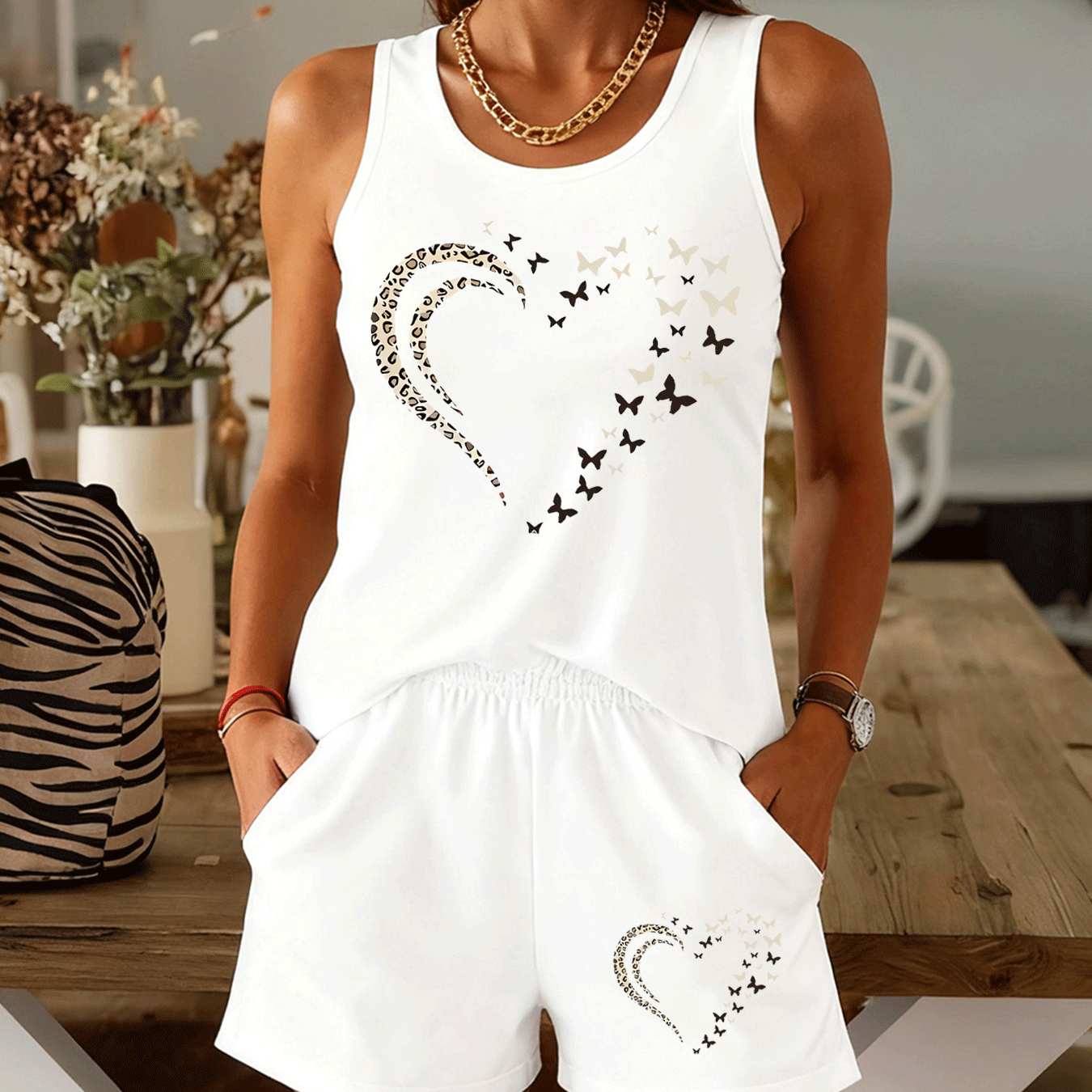 TEMU Leopard Print Heart Patterned Set For Women, Gentle Style Vest And Shorts Casual Two-piece, Comfortable And Breathable, Machine Washable, Casual