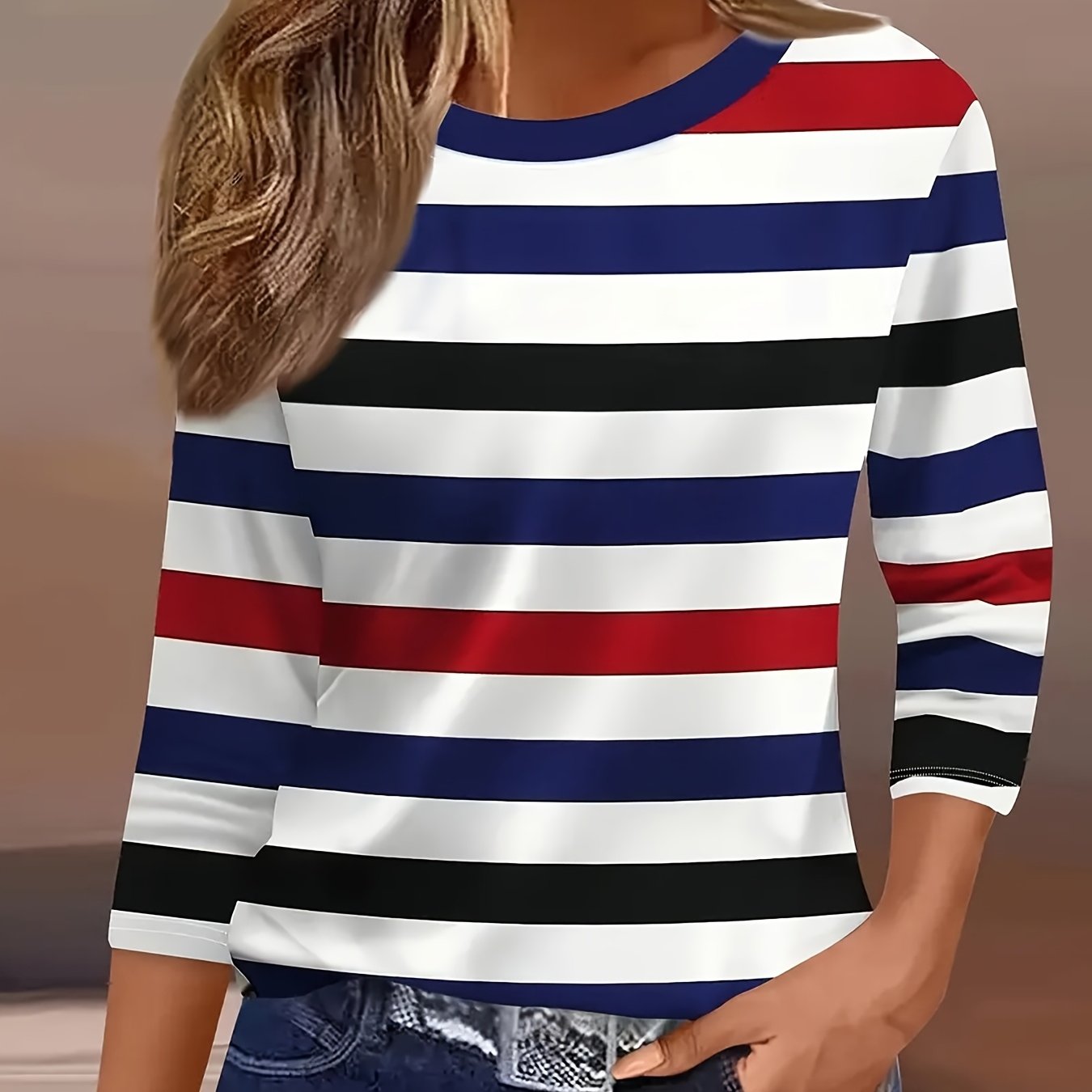 E-shop Damenmode Frühling Sommer Neue Damenbekleidung, Gestreifter Druck, Rundhalsausschnitt 3/4 Ärmel, Lockerer Casual Top Basis T-Shirt, Täglicher