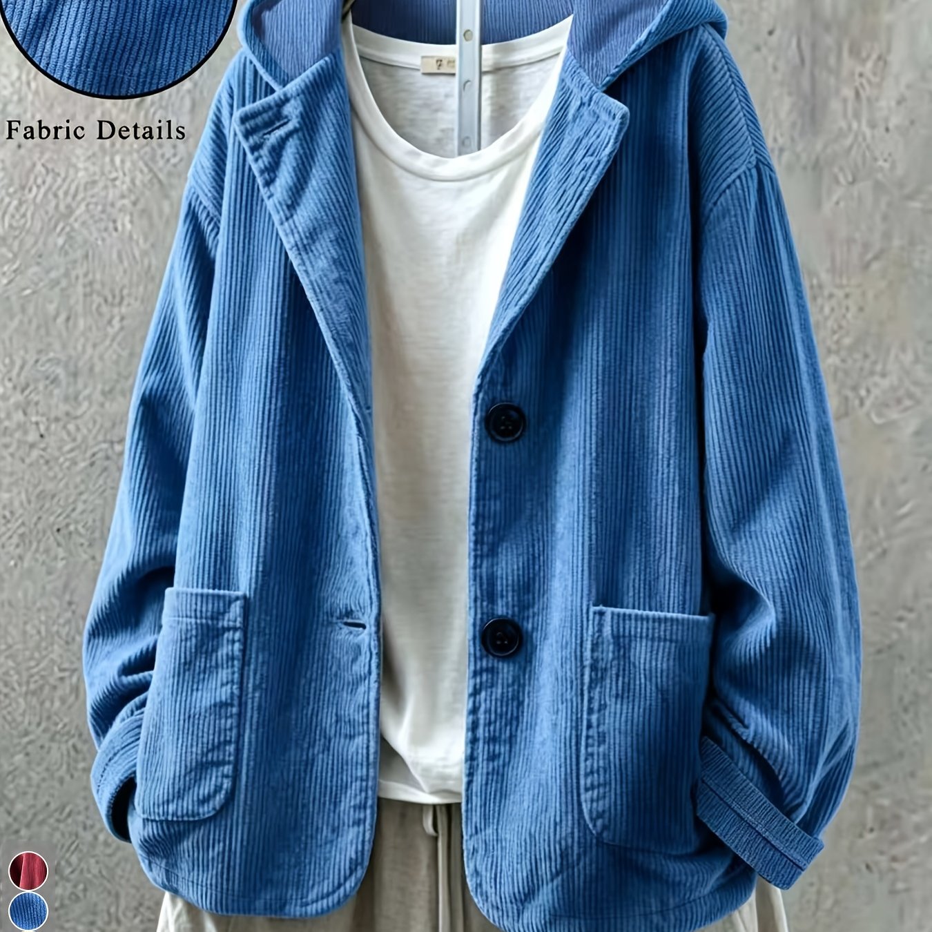 TEMU Veste à capuche rétro texturée en velours pour femmes rondes, manteau uni à manches longues avec boutonné et grandes poches latérales, vêtement